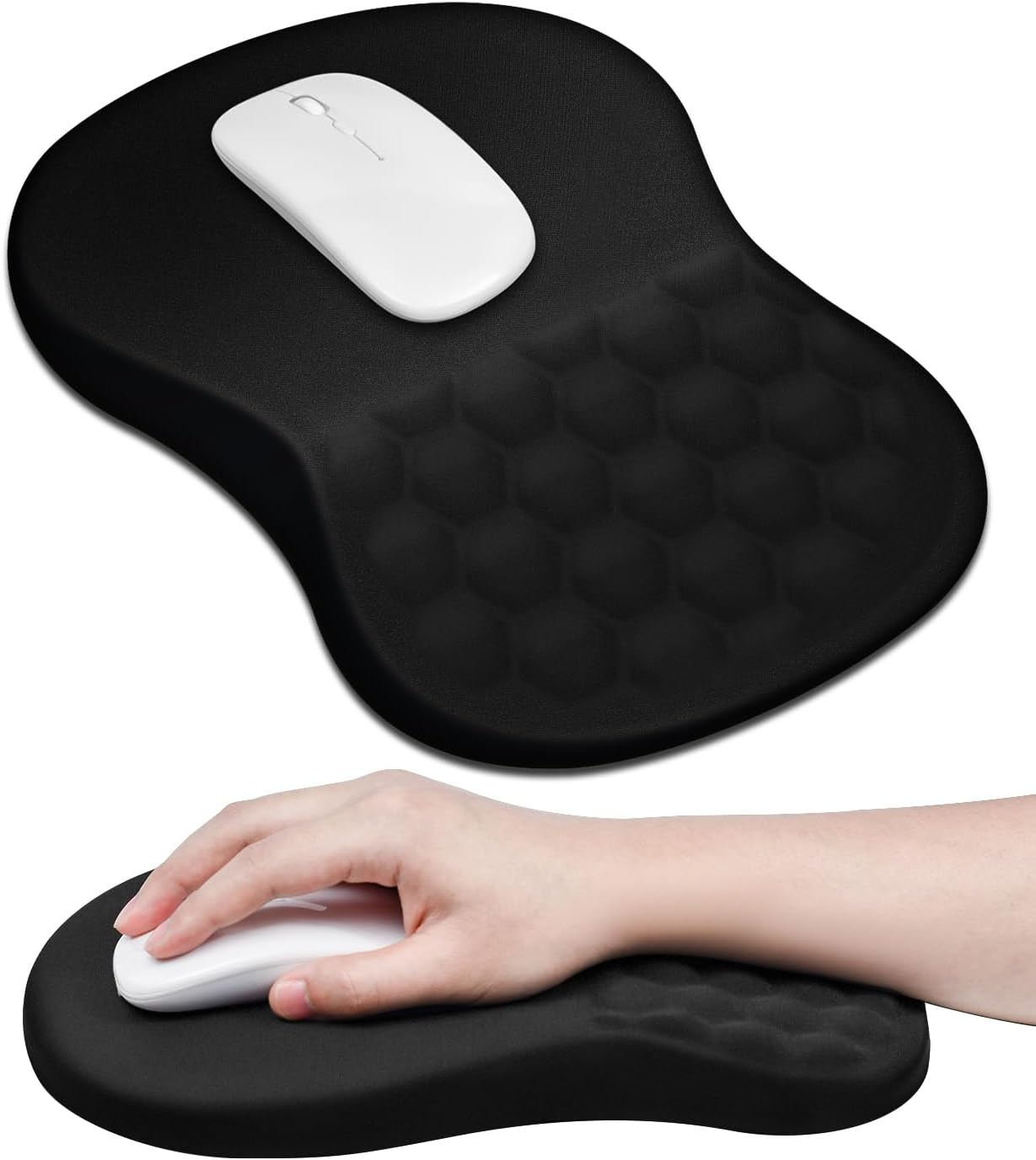 JIKIOU Ergonomic Mouse Pad Wrist Support with Massage Design, Memory Foam Wrist Rest Pain Relief Mousepad with Non-Slip PU Base, Mouse Pads for Wireless Mouse Black 12X8 Inch image number 2