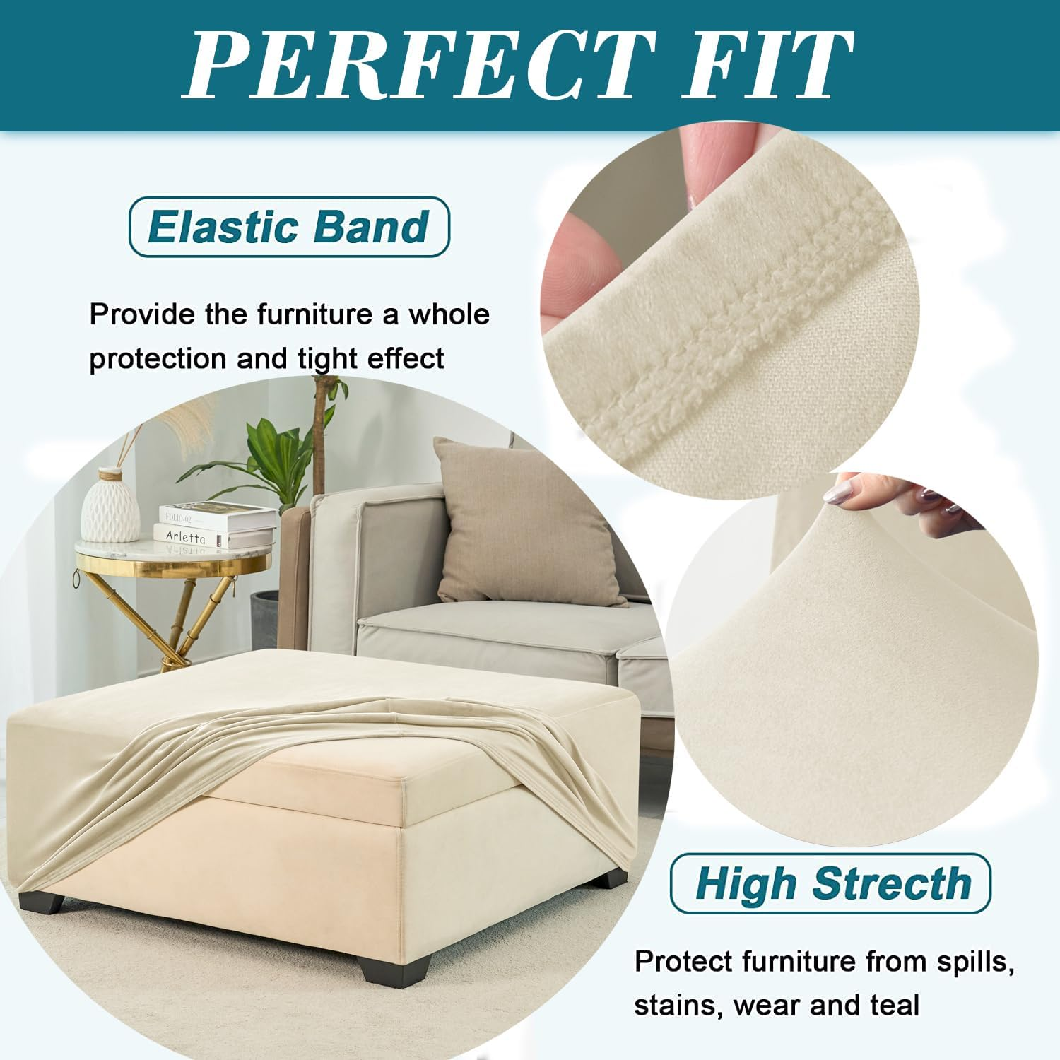HFCNMY Velvet Ottoman Slipcover - Thick, Washable, Elastic Bottom, Living Room Beige image number 7
