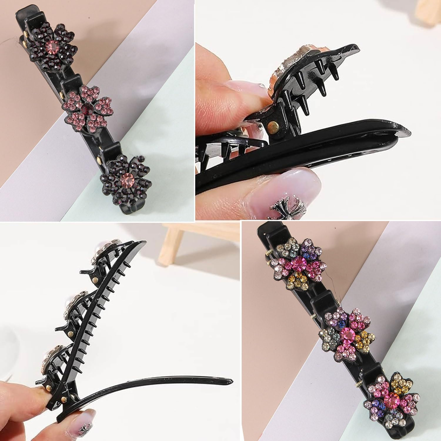Pack of 4 Women'S Hair Clips, Crystal Hair Clips, Braided Rhinestone Hair Clips, Double Layer Hair Clips with 3 Small Clips for Women and Girls, Daily, Party, Wedding (Colour3) image number 6