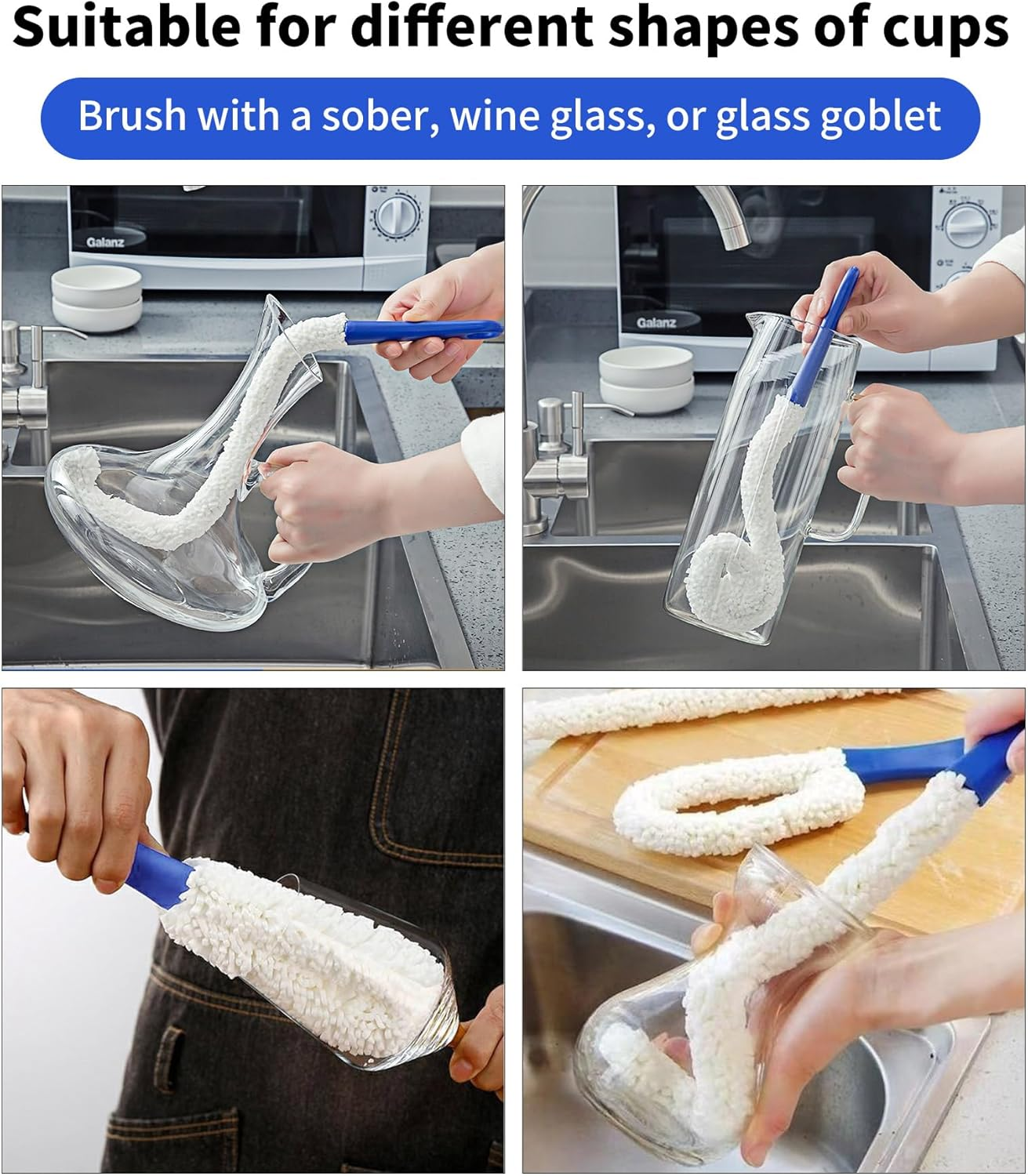 2 Pack Bottle Brush Cleaning Brush Set for Wine Glass Cup Jar Tumbler Narrow Neck Bottle Kitchen Tools Soft Bristles Long Handle for Deep Cleaning Reusable Household Cleaner image number 2