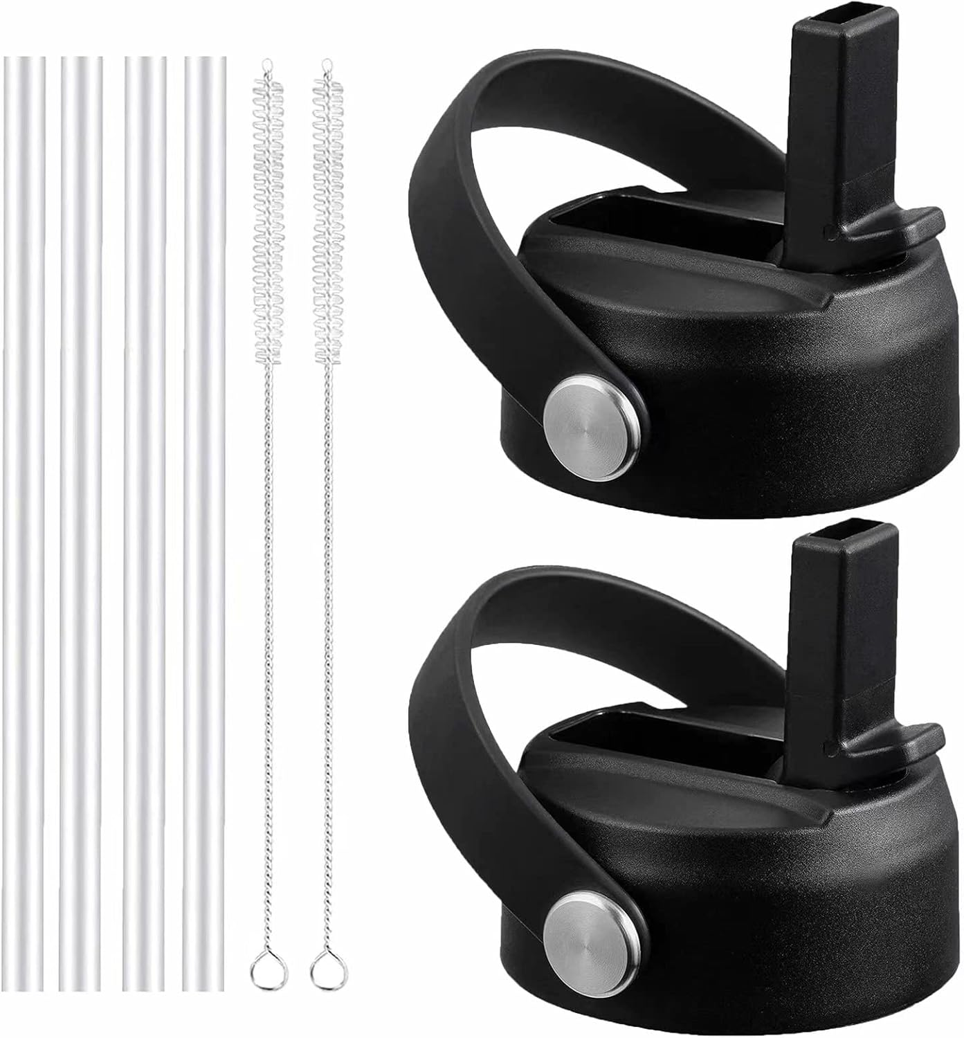 FLORAPELL Straw Lid for Hydro Flask Wide Mouth Water Bottles, Top Lids with Straw Compatible with Hydro Flask 32 40 Oz, Replacement Cap Wide Mouth Accessories Flip Lid Flex Handle (Black - 2 Pack)