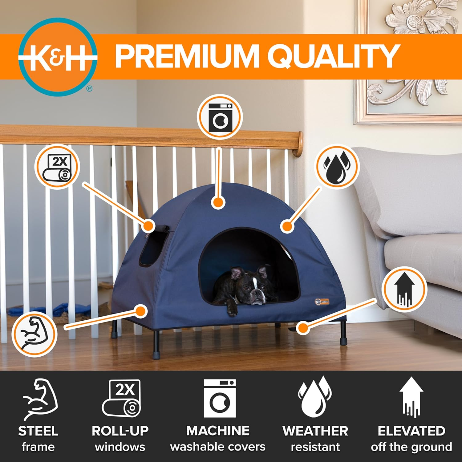 K&H Pet Products Original Pet Cot Tent, Portable Dog House, Dog Shade & Weather Shelter, Elevated Cot Dog Bed, Navy Blue, Medium 25 X 32 X 28 Inches image number 3