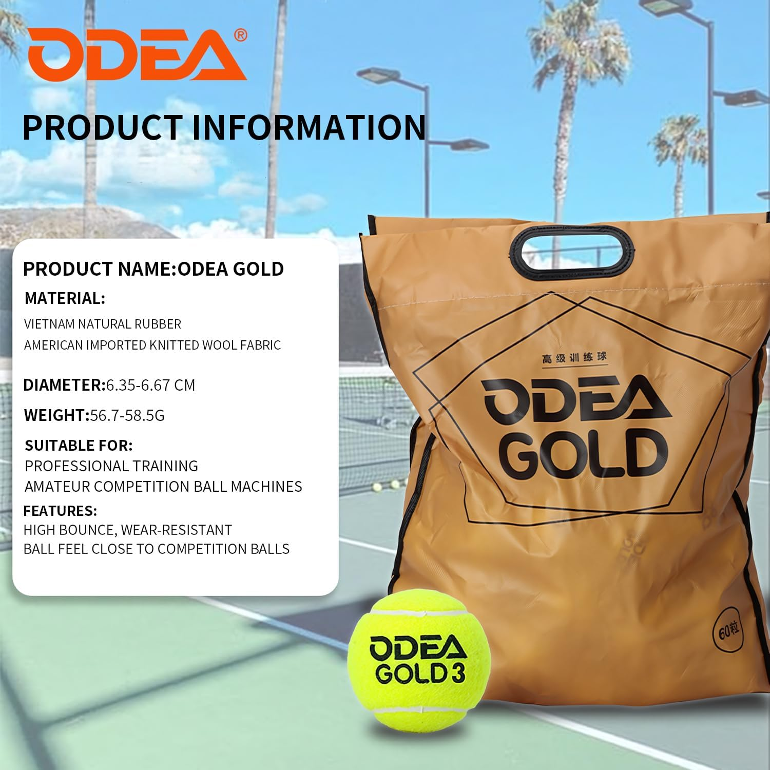 Odea Gold Professional Training Tennis Balls - Durable High Rebound 140-148CM, ITF Approved with Storage Bag image number 3