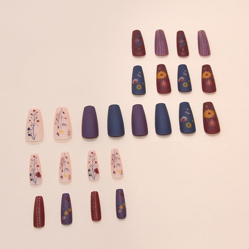 LYMCY Press on Nails French,Vintage Frosted Flower Stripe False Nails, Artificial Nails for Women and Girls -24 Pcs image number 5