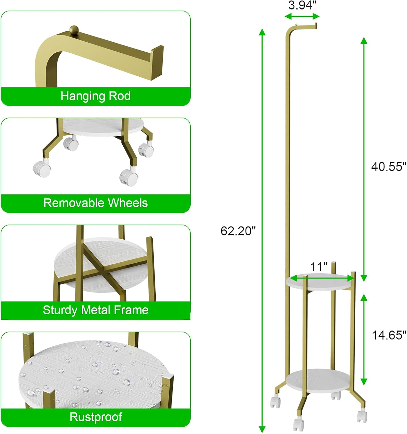 Plant Stand Indoor, 2 Tier Hanging Tall Plant Shelf with Wheels, 3 Potted Corner Flower Stand Metal Plant Holder, Plant Shelves for Living Room, Bedroom, Patio, Outdoor, Black (White-Glod)