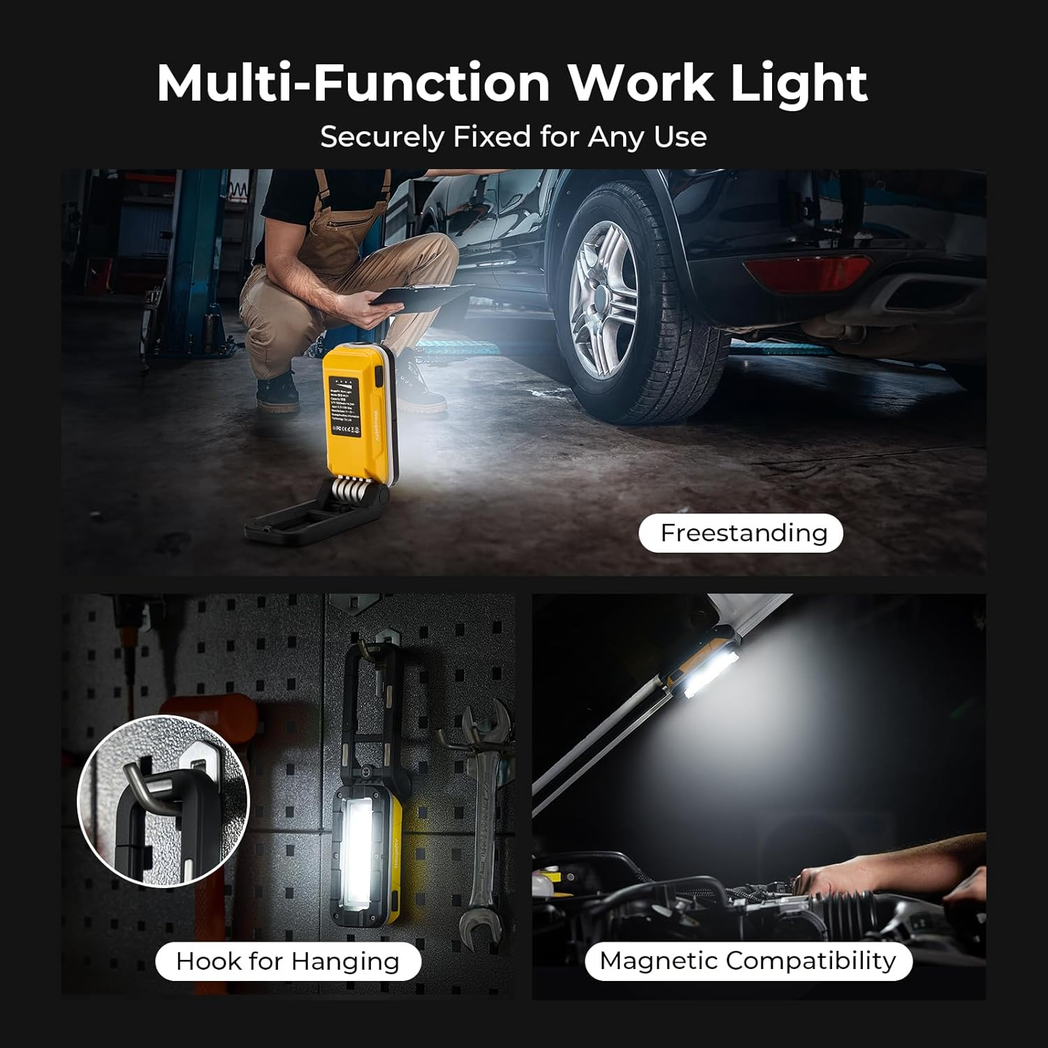 Bougerv WL01 Work Light Rechargeable, 1100 Lumens Magnetic Torch, Portable Inspection Light with 180&deg; Rotating Stand & Hook, Multiple Lighting Modes for Car Repair, Camping, Outdoor, Emergency image number 1