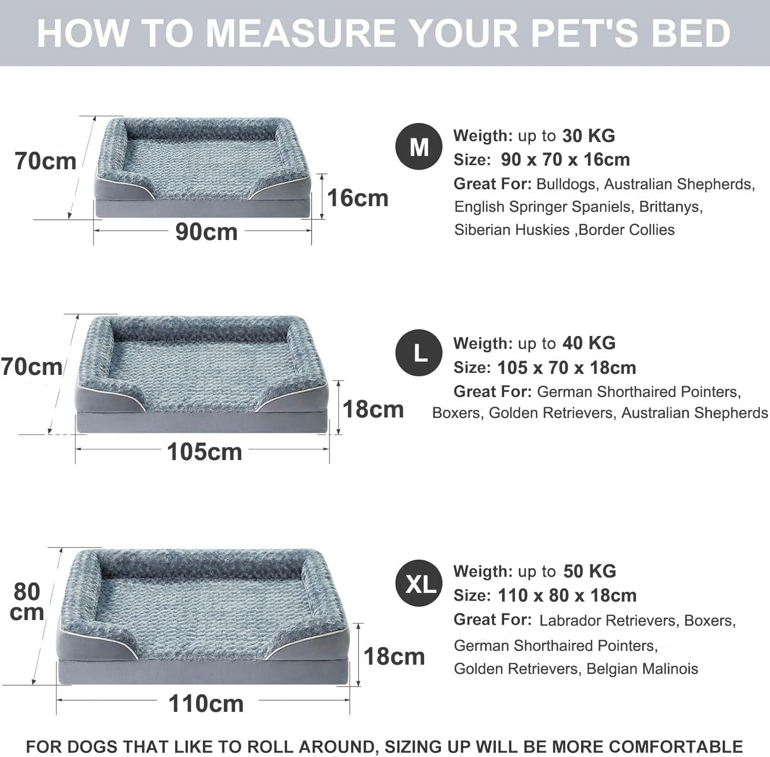 Dog Beds for Large Dogs, Washable Dog Bed, Bolster Dog Sofa Bed with Waterproof Lining & Non-Skid Bottom, Orthopedic Egg Foam Dog Couch for Pet Sleeping, Pet Bed for Large Dog(Grey,90X70X16Cm) image number 3
