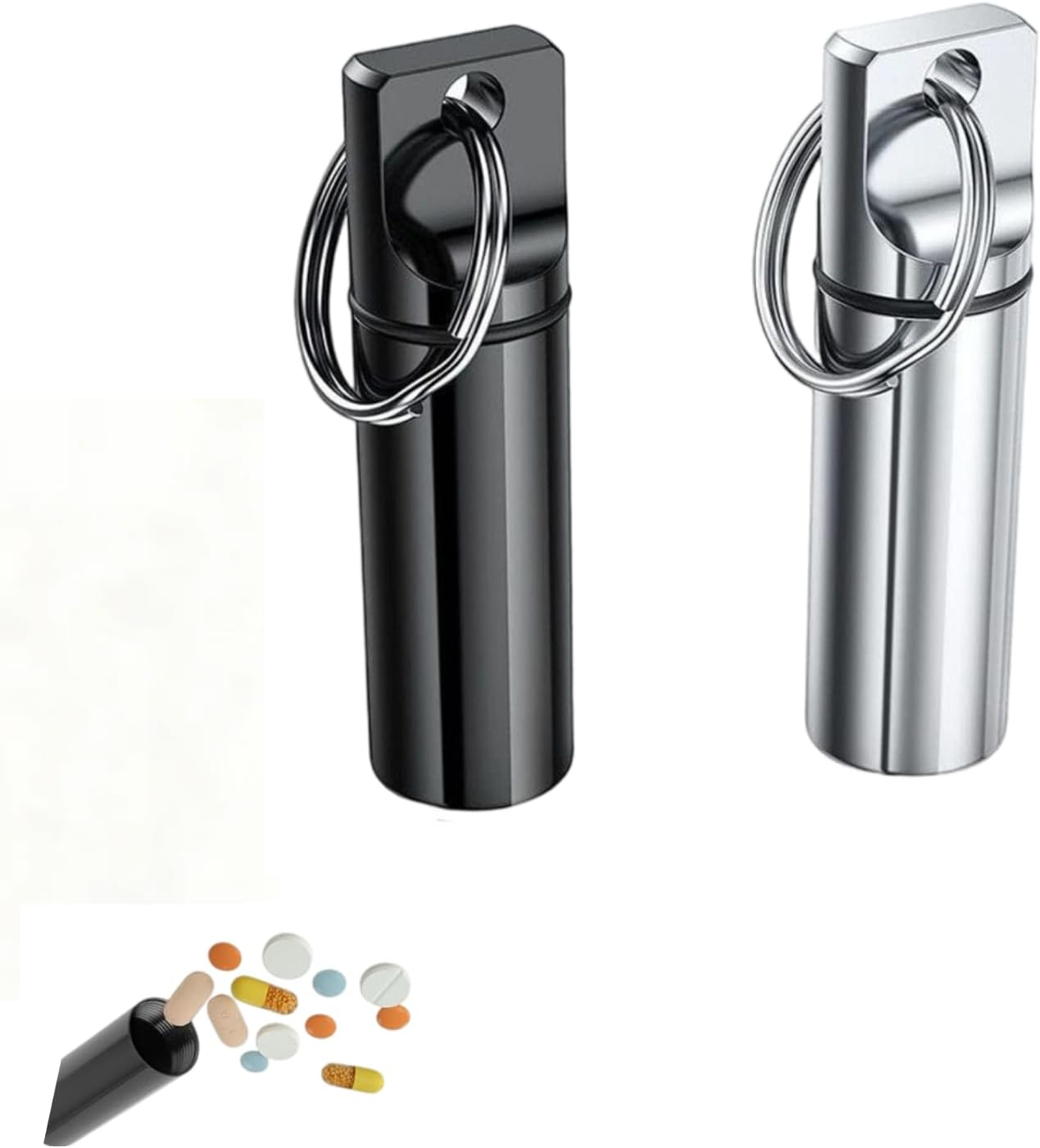 Portable Aluminium Pill Holder Keychain, Mini Medicine Container, 2-Pack Black & Silver, for Purse, Waterproof Metal Pill Holder Medicine Bottle, Outdoor Camping Travel image number 1