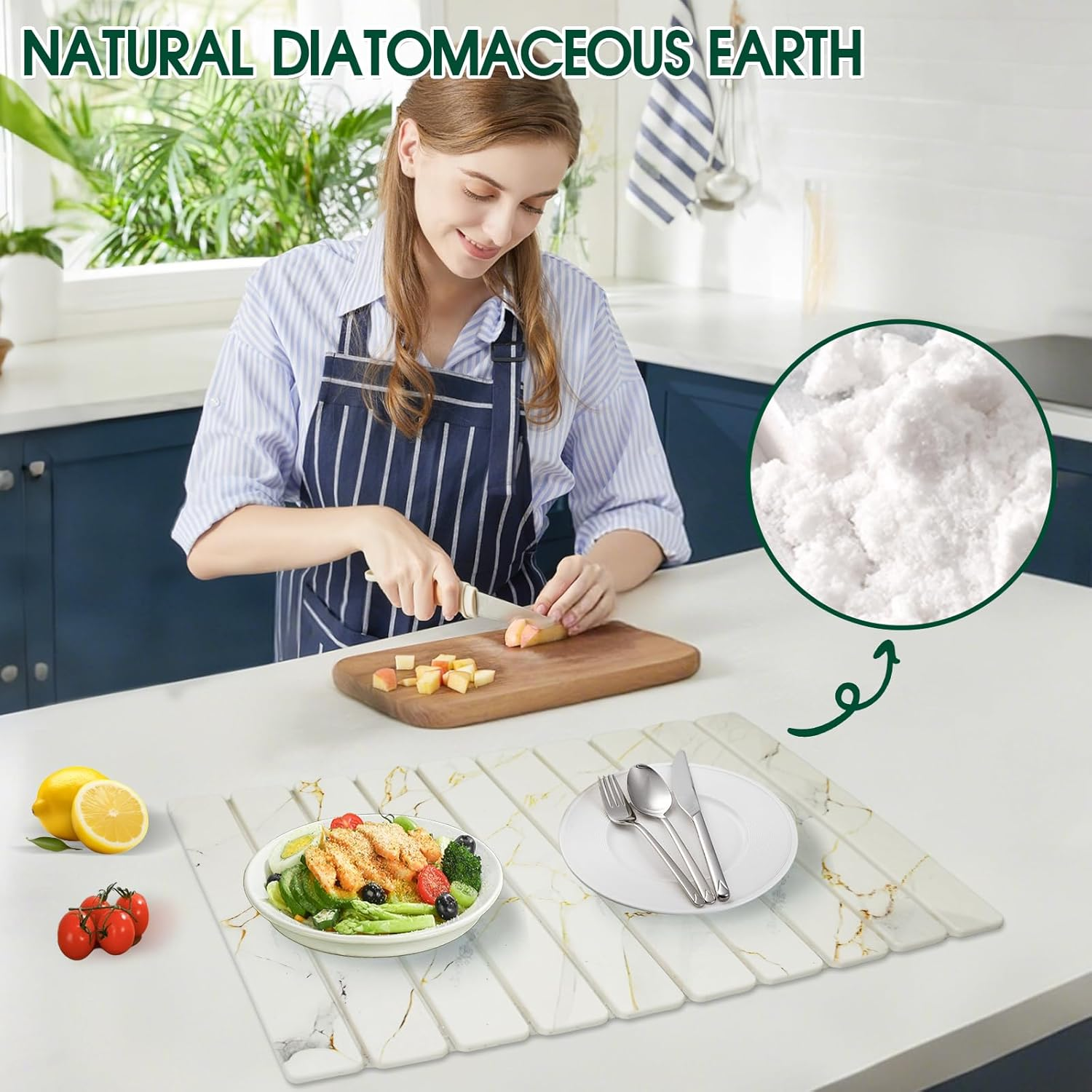 Collapsible Stone Dish Drying Mat, Stone Drying Mat for Kitchen Counter, Diatomaceous Earth Mat with Non-Slip Mesh Pad, 60 X 39 Cm (C)
