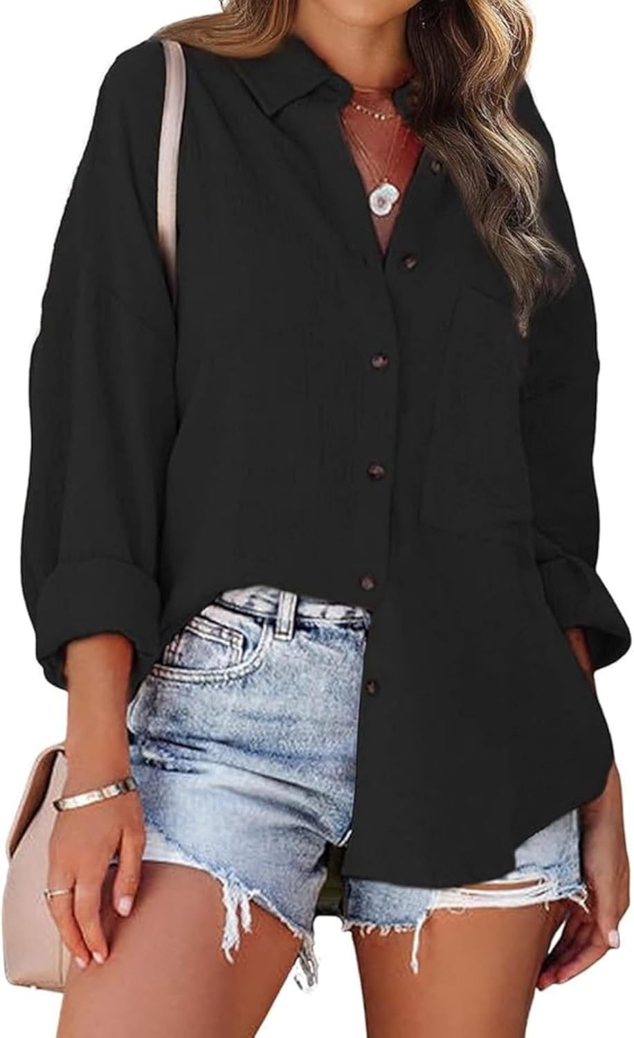 Women'S Beach Wear Long Sleeve Shirt Casual Collared Shirt Loose Blouses Button down Shirts with Front Pocket