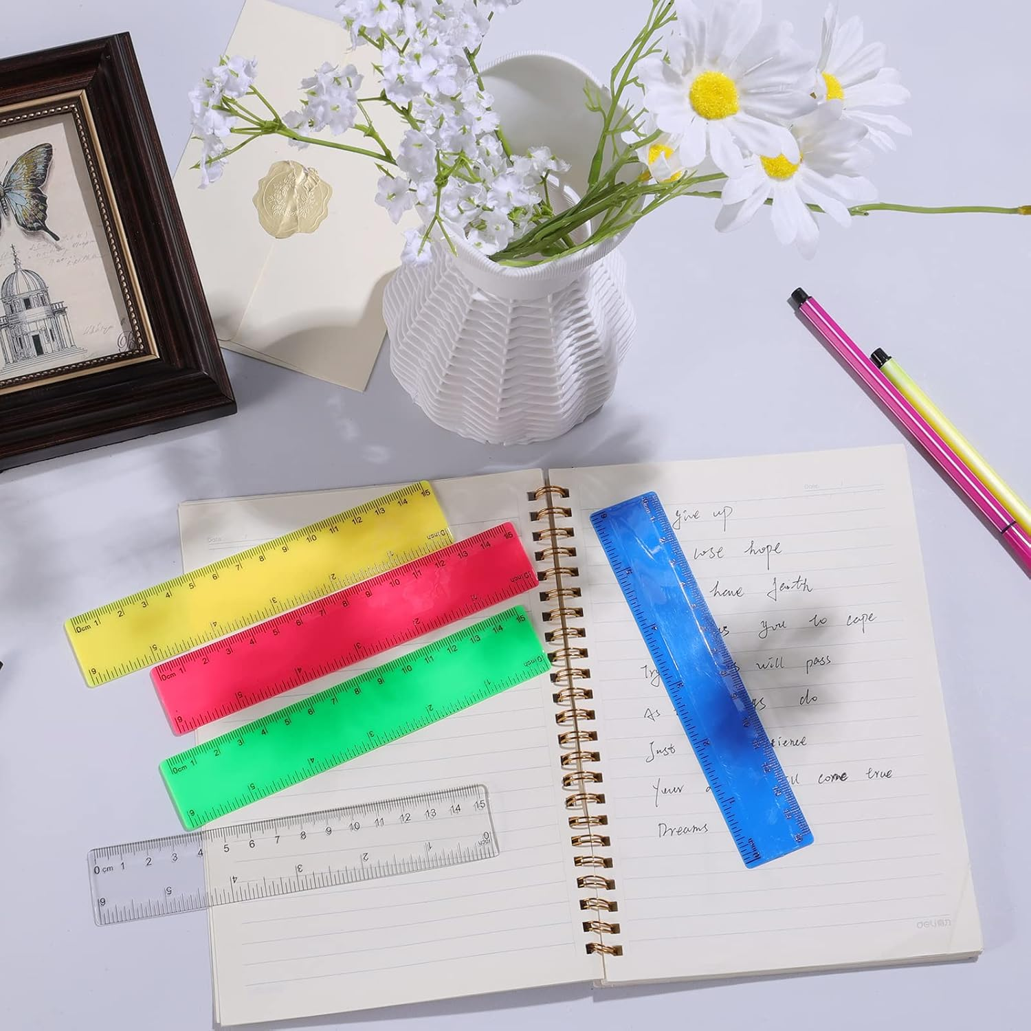AIEX 15Pcs Color Transparent Ruler, 15Cm 6Inch Straight Ruler with Centimeters and Inches Plastic Multipack Rulers for School Classroom Home Office for Kids (Assorted Colors) image number 5
