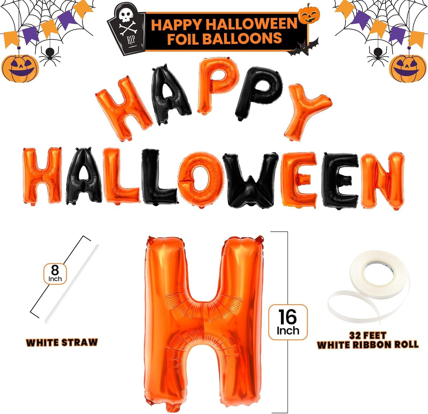 Happy Halloween 16 Inch Foil Halloween Balloons Decorations, Happy Halloween Balloon Banner，Orange and Black image number 2