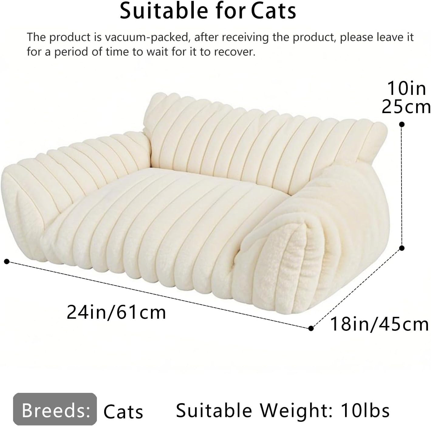 Cute Cat Couch Bed for Indoor Cats, Fluffy Cat Sofa with Premium Soft Corduroy Fleece, Fuzzy Pet Chair with Removable Washable Cover, Orthopedic Small Pet Bed with Non-Slip Bottom (:61*45*25Cm,Cream) image number 3