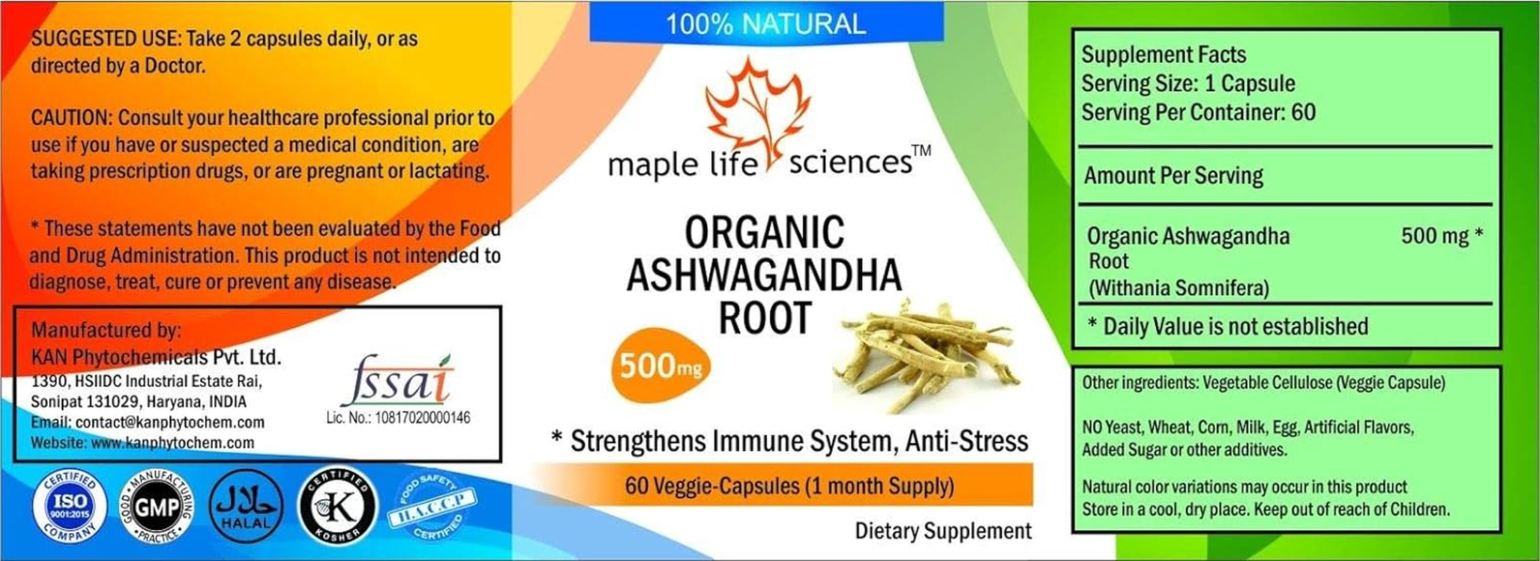 ORGANIC Ashwagandha Supplement (Withania Somnifera/Indian Ginseng) - 500Mg - 60 Vegan Capsules - Anxiety and Stress Relief