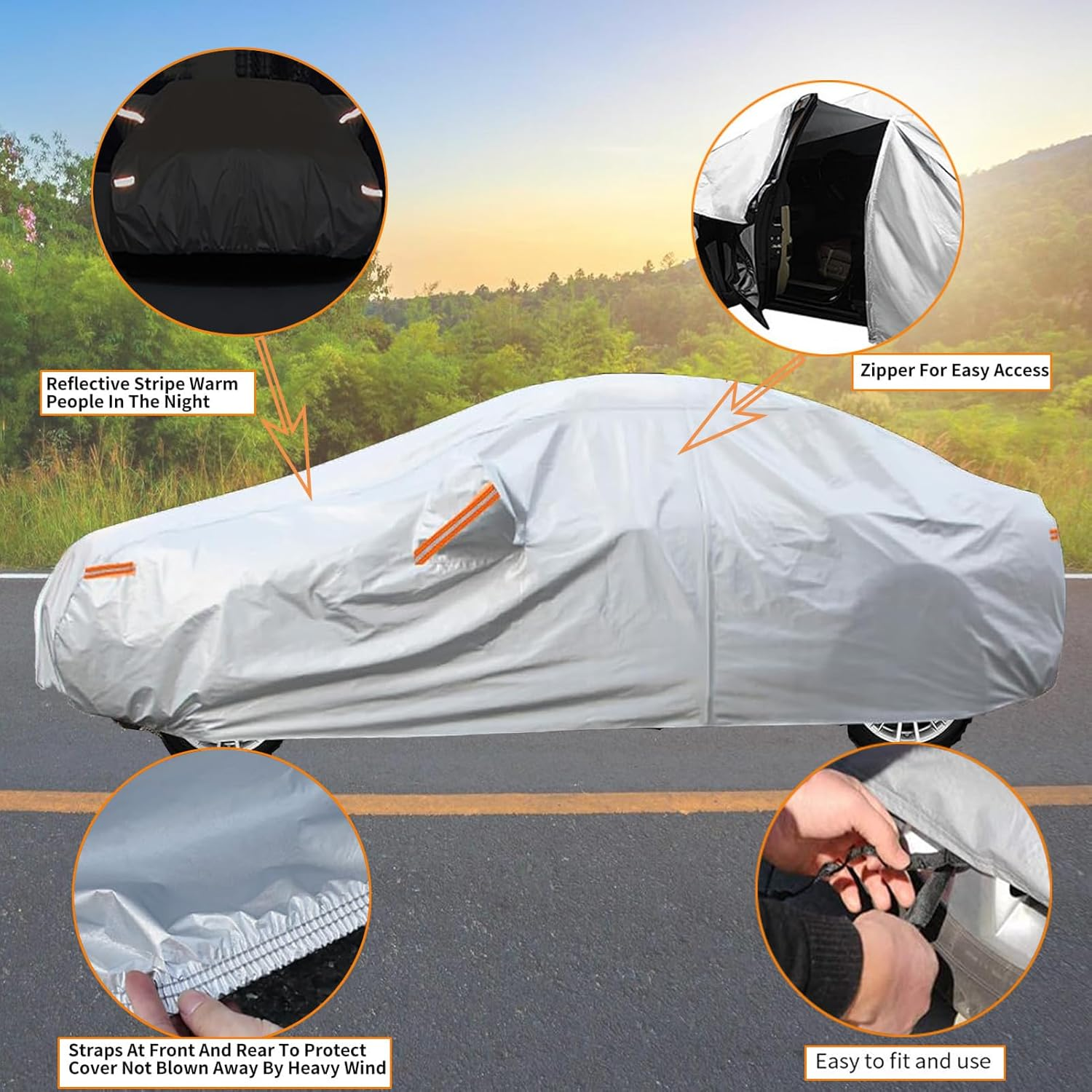 Car Cover Waterproof All Weather,6-Layer Car Cover,Outdoor Full Cover Rain Sun UV Protection with Zipper Cotton,Universal Fit for Sedan and Suvs (193 X 75 X 59 Inch) image number 4