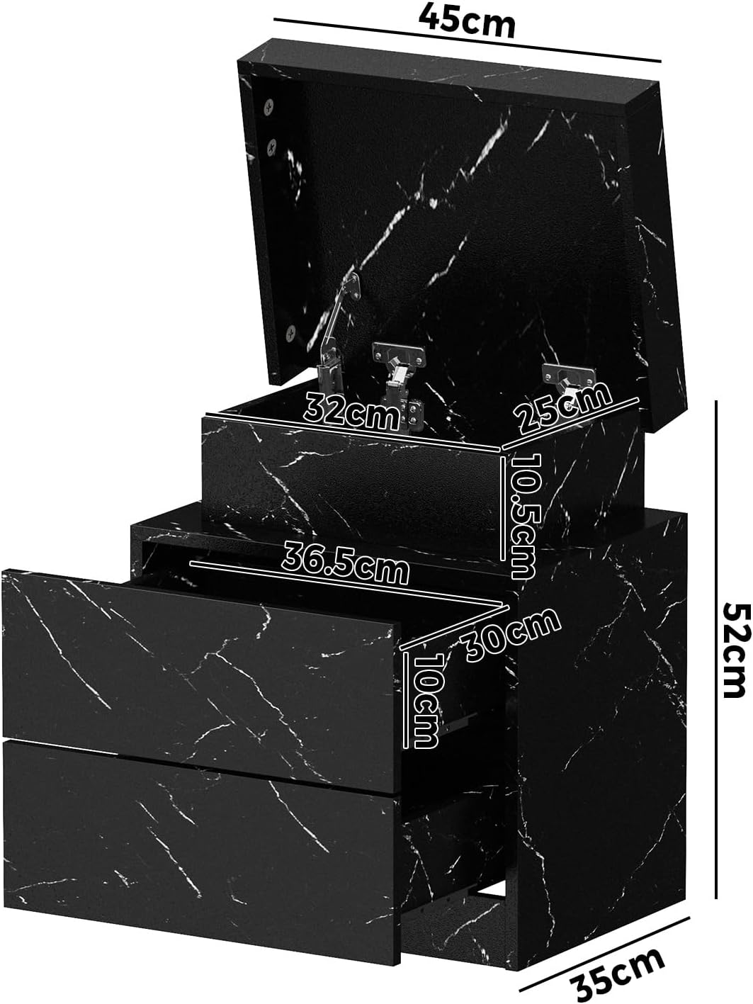 Oikiture LED Bedside Table with Marble Surface and Remote Control 2 Drawers Bed Side Table Black image number 4