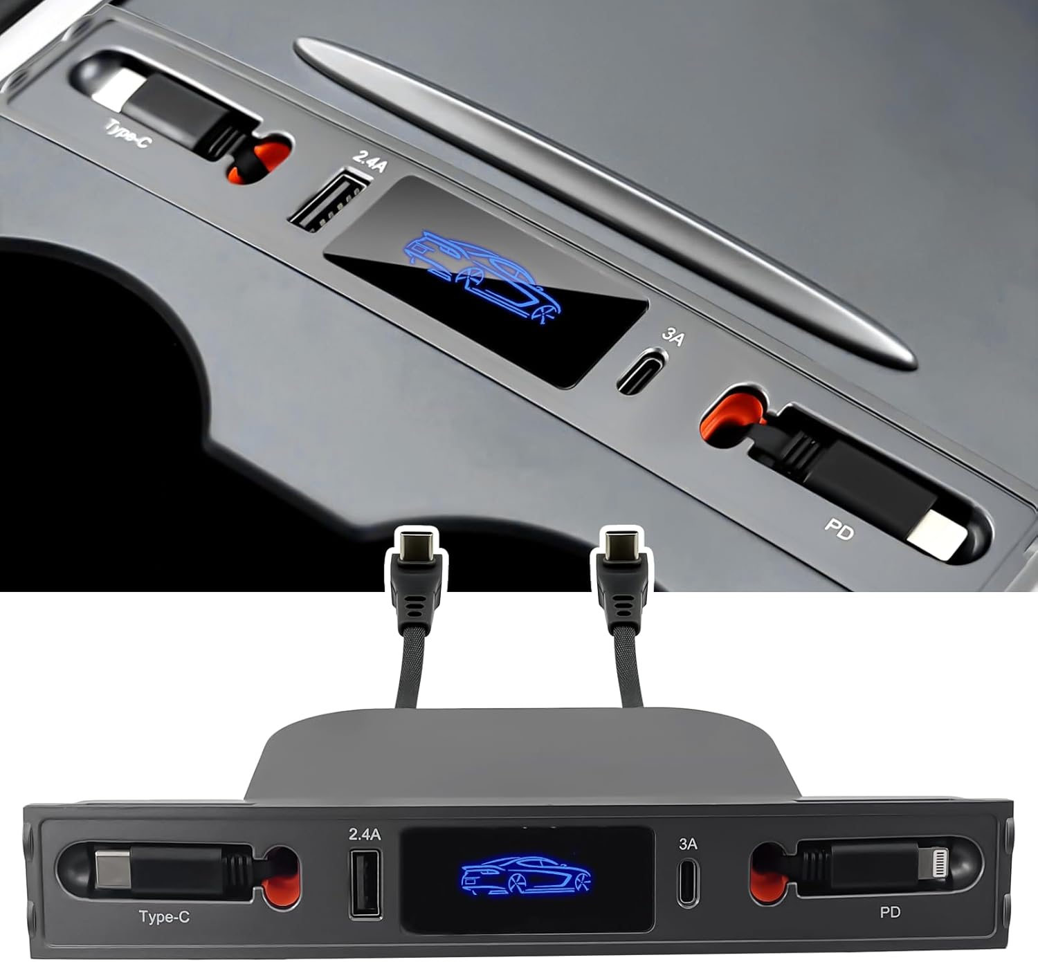 Moravartisan Center Console USB Hub for Tesla Model Y 2021-2024 Model 3 2021-2023, Docking Station Adapter with Retractable Charging Cables, Usb-C and Usb-A Fast Charger Expansion Dock, Backlit Logo