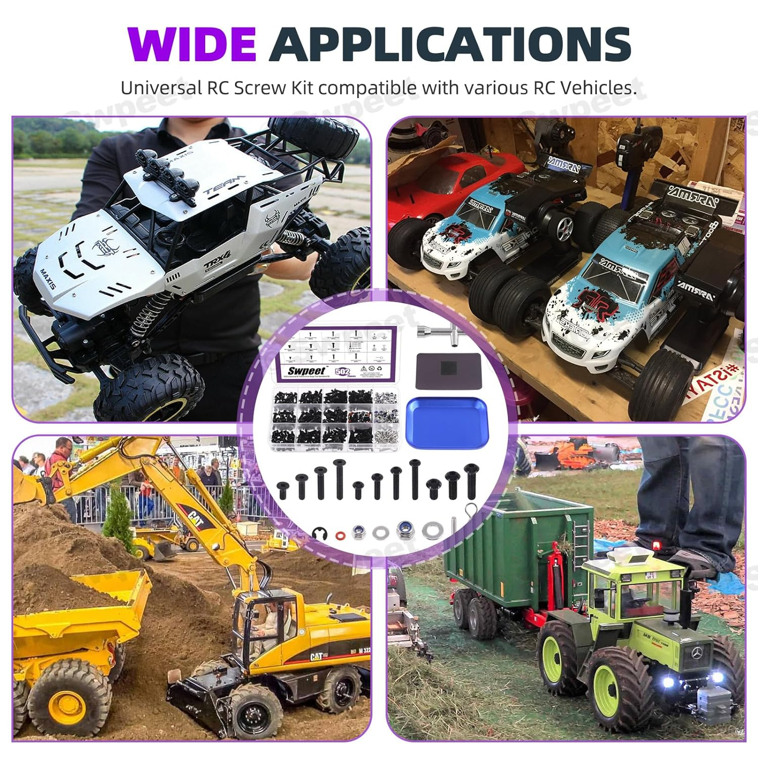 Swpeet 502Pcs Universal RC Screw Kit Screws Assortment Set, Hardware Fasteners Compatible with 1/8 1/10 1/12 1/16 Scale RC Cars, Includes M3&M4 Screws(Flat, round Head, Hex Drive), Flat Washers, Pins image number 5