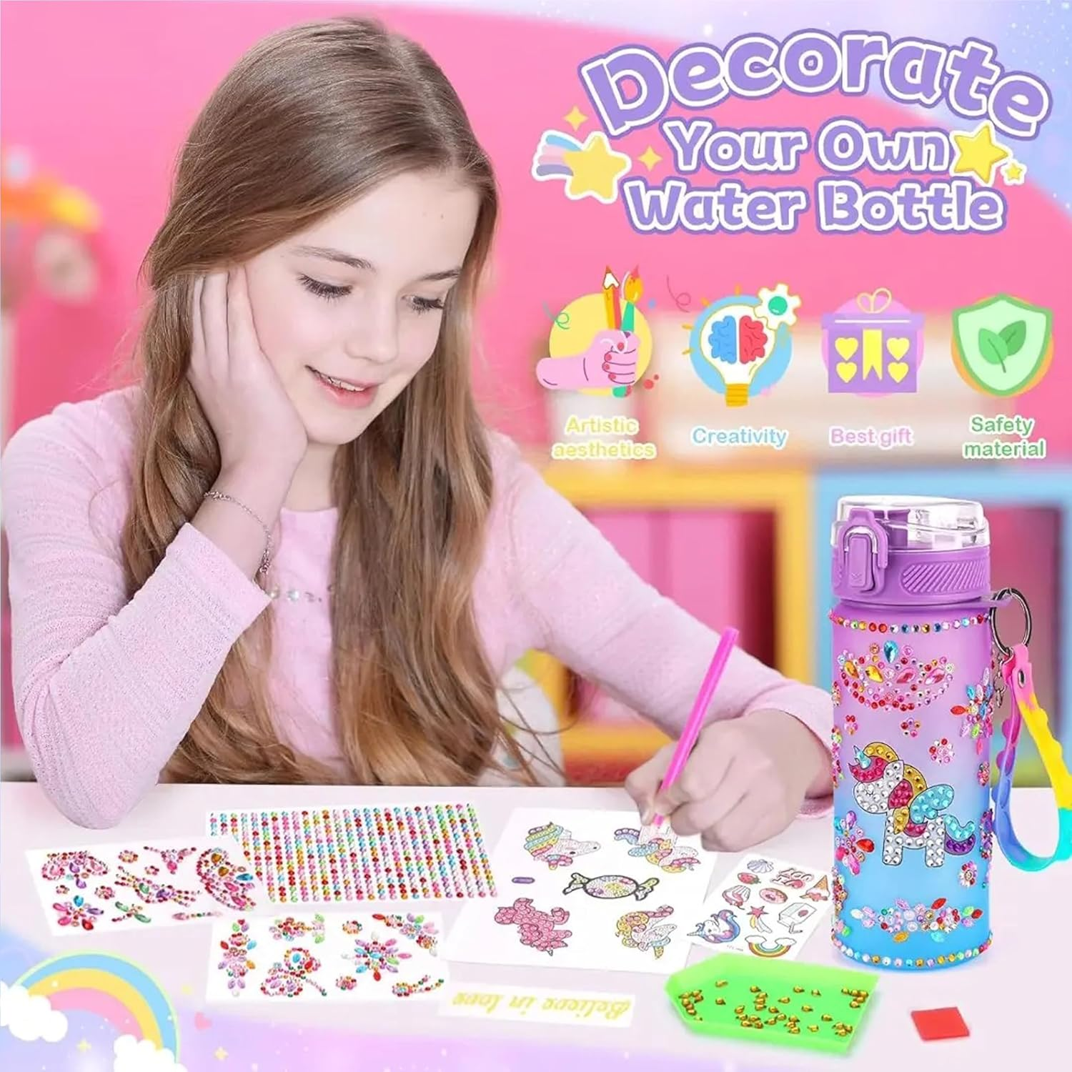Unicorn Decorate Your Own Water Bottle Kits, Gifts for Girls Age 5 6 7 8 9: Craft Kits for Kids 6-12 Girls Toys 4-12 Year Old Kids Birthday Present for 8-9-10-11 Children Diamond Art Stickers image number 3