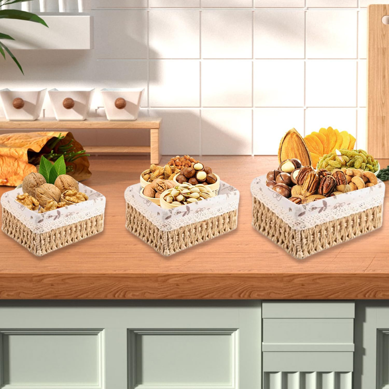 Uandhome Storage Basket Set,3 Pcs Wicker Baskets with Removable Liner for Organizing Storage Baskets for Shelves Woven Basket Decorative Basket Rectangle Basket (Square) image number 6