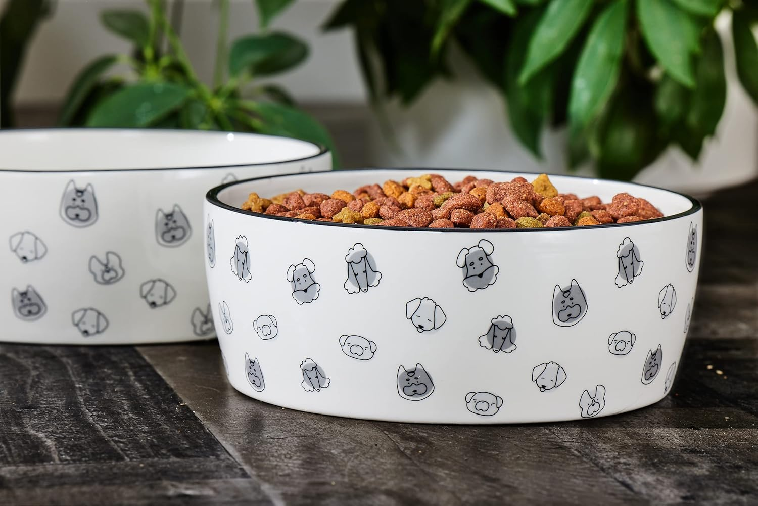 Pearhead Dog Bowl, Dog Faces Pet Bowl, Ceramic Dog Food Dish, Microwave & Dishwasher Safe, Gray & White, Holds 9 Cups, Large image number 2