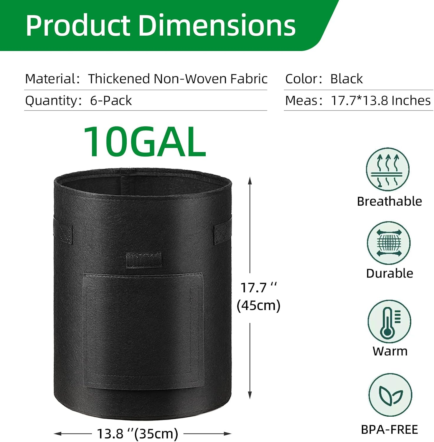 6 Pack Potato Grow Bags, 10 Gallon Planting Bags Large Fabric Pots with Flap Window Vegetable Planter Garden Pot Tall Potato Growing Containers with Handles for Vegetables, Fruits, Black + Grey image number 6