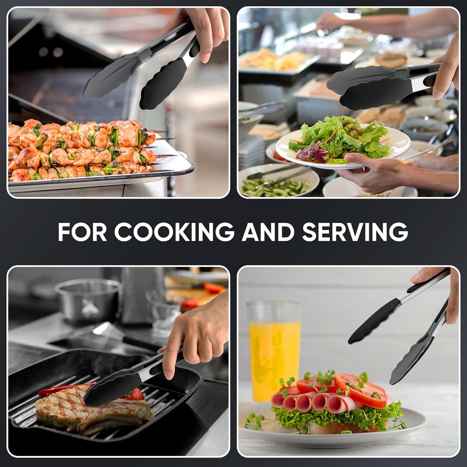 9 Inch Kitchen Tongs, Cooking Tongs with Silicone Tips and Stainless Steel Handle, Non Stick Heat Resistant Tongs for Cooking, Buffet, Salad Serving (9", Black) image number 3
