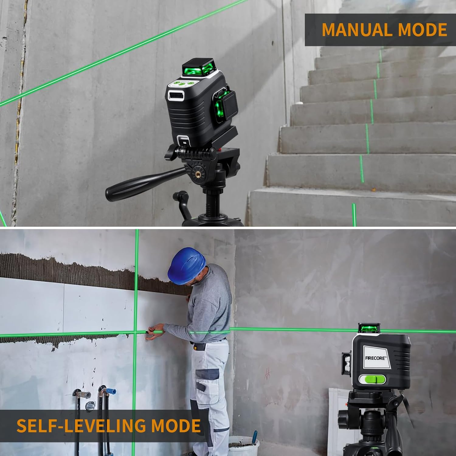 Firecore Laser Level with Tripod, 3 X 360&deg; Rechargeable Green Self Leveling Cross Line Laser with 60" Compact Tripod for Construction/Picture Hanging, 2 Li-Ion Batteries and Remote Control Included image number 2