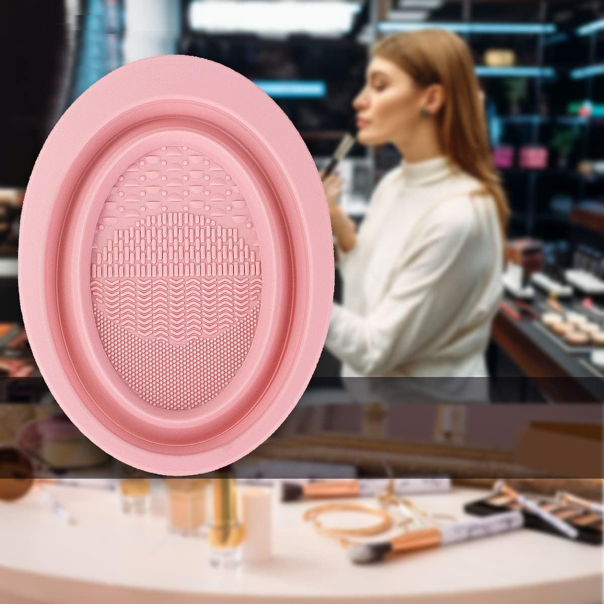 Makeup Brush Cleaning Mat Foldable Environmental Silicone Cleaning Bowl, Brush Cleaning Pad Easy Clean Girl Makeup Brush Cleaner Washing Tools (Pink) image number 3