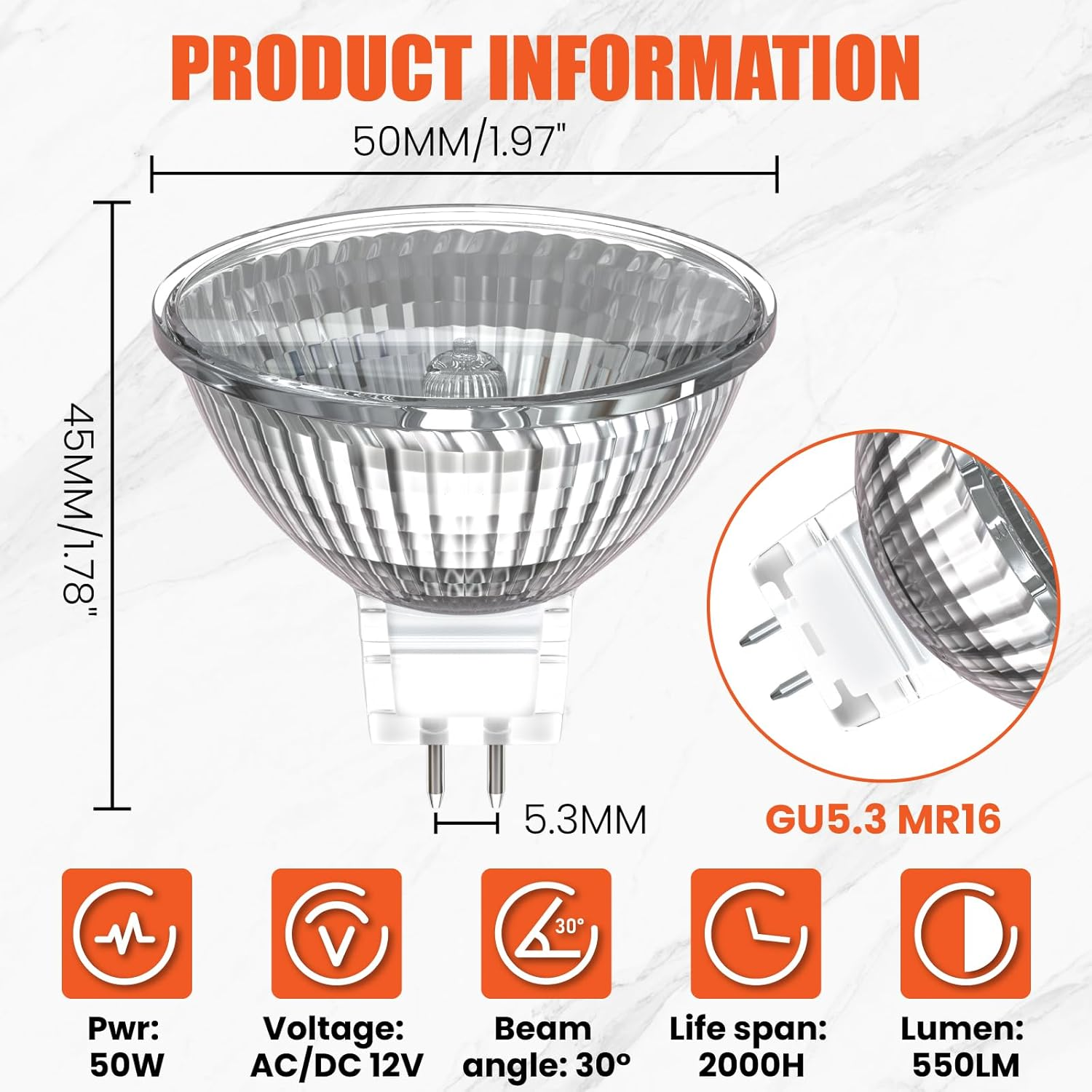 Brightark MR16 Halogen Bulbs 50W 12V Dimmable GU5.3 Spotlights Bulb Warm White 2800K, GU5.3 Bi-Pin Base Spotlight Reflector Lamp for Corridor Kitchen Balcony (6 Pcs) image number 6