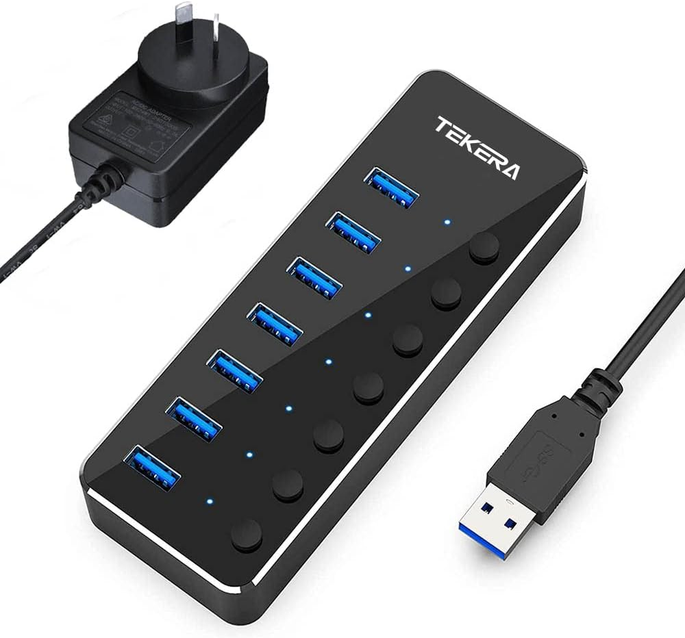 USB 3.0 Hub, TEKERA 7 Port Powered USB Hub Expander Aluminum USB 3.0 Data Port Hub with Universal 5V AC Adapter and Individual On/Off Switches USB Splitter for Laptop and PC image number 1