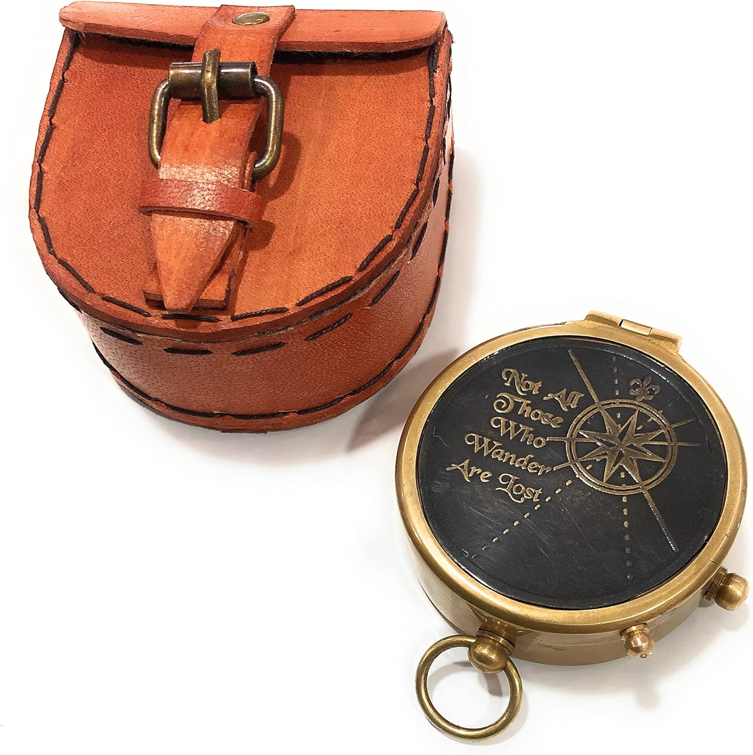 Not All Who Wander Are Lost Engravable Compass - Pocket Compass - Brass Compass with Leather Case - Pirates Compass - Gift Compass - Camping Compass - Confirmation Gift Idea - Baptism Gifts - Keepsake