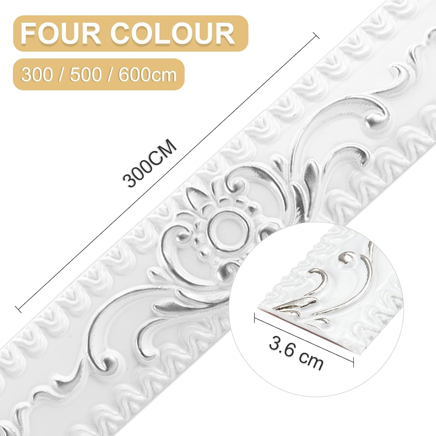 300*3.6Cm Wallpaper Borders Self-Adhesive,3D Vintage Pattern Coving for Ceilings, Flexible Moulding Trim Waterproof, Peel and Stick Wall Border for Mirror Frame， Home Decoration（White-Silver Pattern） image number 6