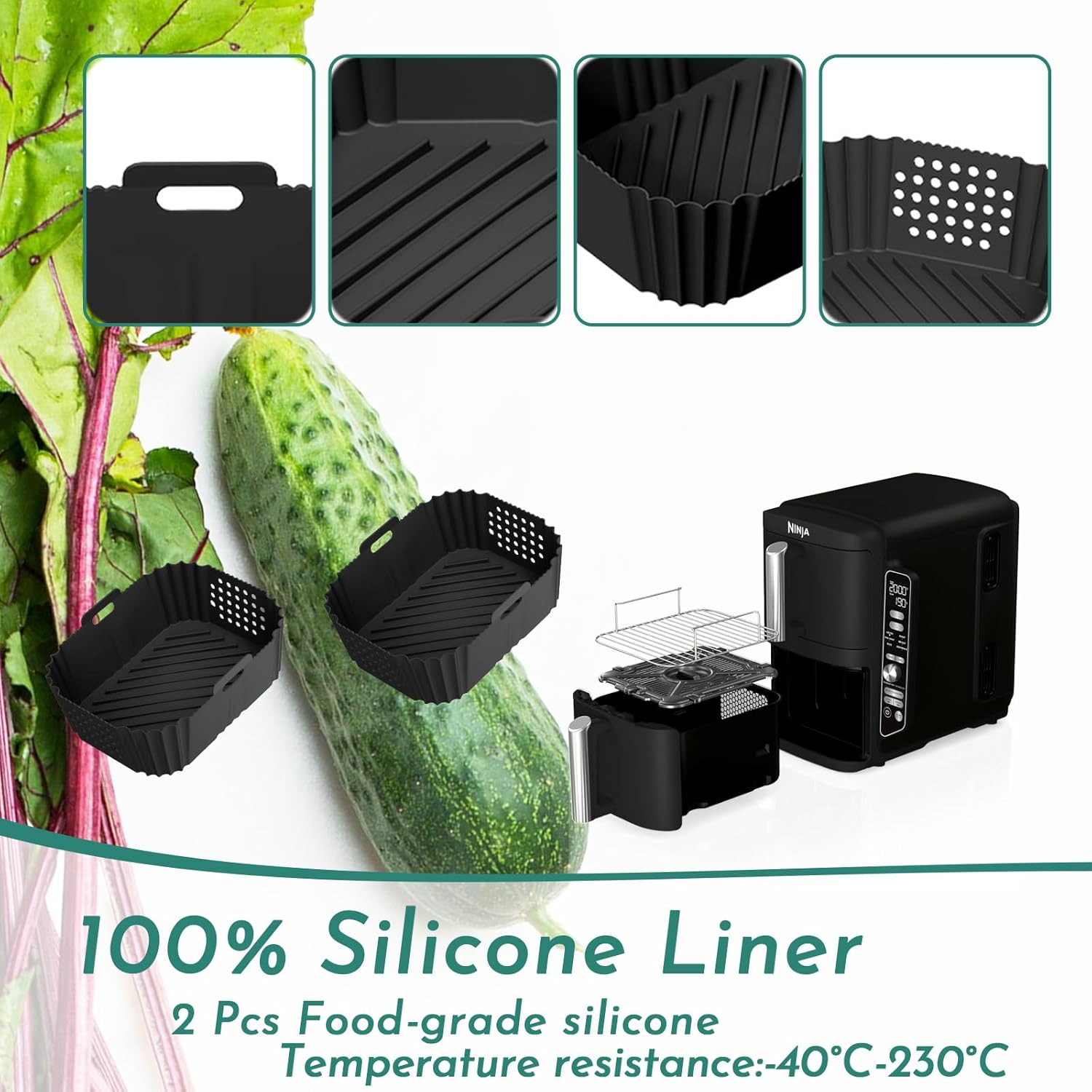 Marakruki 2Pcs Silicone Air Fryer Liners for Ninja Dual Stack Air Fryer, 21X14 Cm, 2-Pack, Compatible with Ninja AF400 Air Fryer, Bpa-Free Silicone Liners for 9.5L Dual Air Fryer