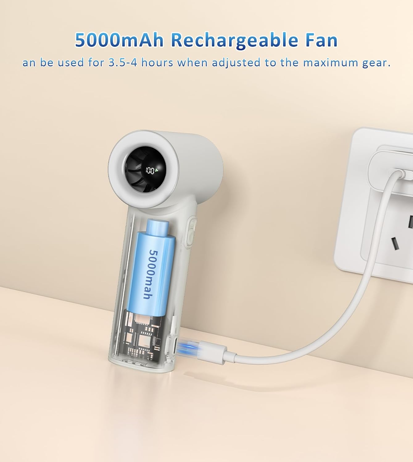 TONEOF 5000Mah Mini Portable Fan,Rechargeable Handheld Fan with 5 Speed,Hand Fan with Lanyard & Digital Display,Usb Fan for Cooling/Travel/Office/Camping/Outdoors, Beige Gray - Beige Gray image number 6