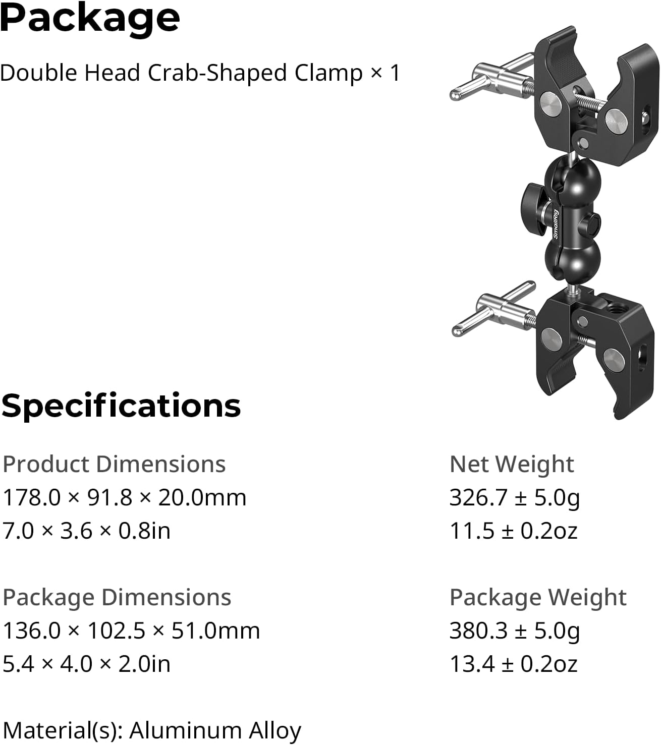 SMALLRIG Adjustable Double Clamp Mount, Dual Head 15-40Mm Anti-Slip Clamp, 1.5Kg Aluminum Alloy Clamp for Photography Lighting/Tripod/Studio - 5331 image number 3
