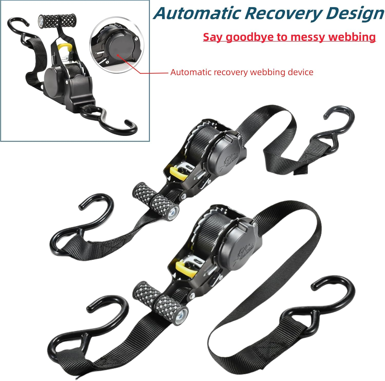 KUGONTC 2Pcs Ratchet Tie down Strap，Retractable Ratchet Straps Bundle,10.8Ft Automatic Shrink Tensioner with Rubber-Coated Steel Handles, S-Hooks with Breaking Strength - 1,500LBS Each image number 1
