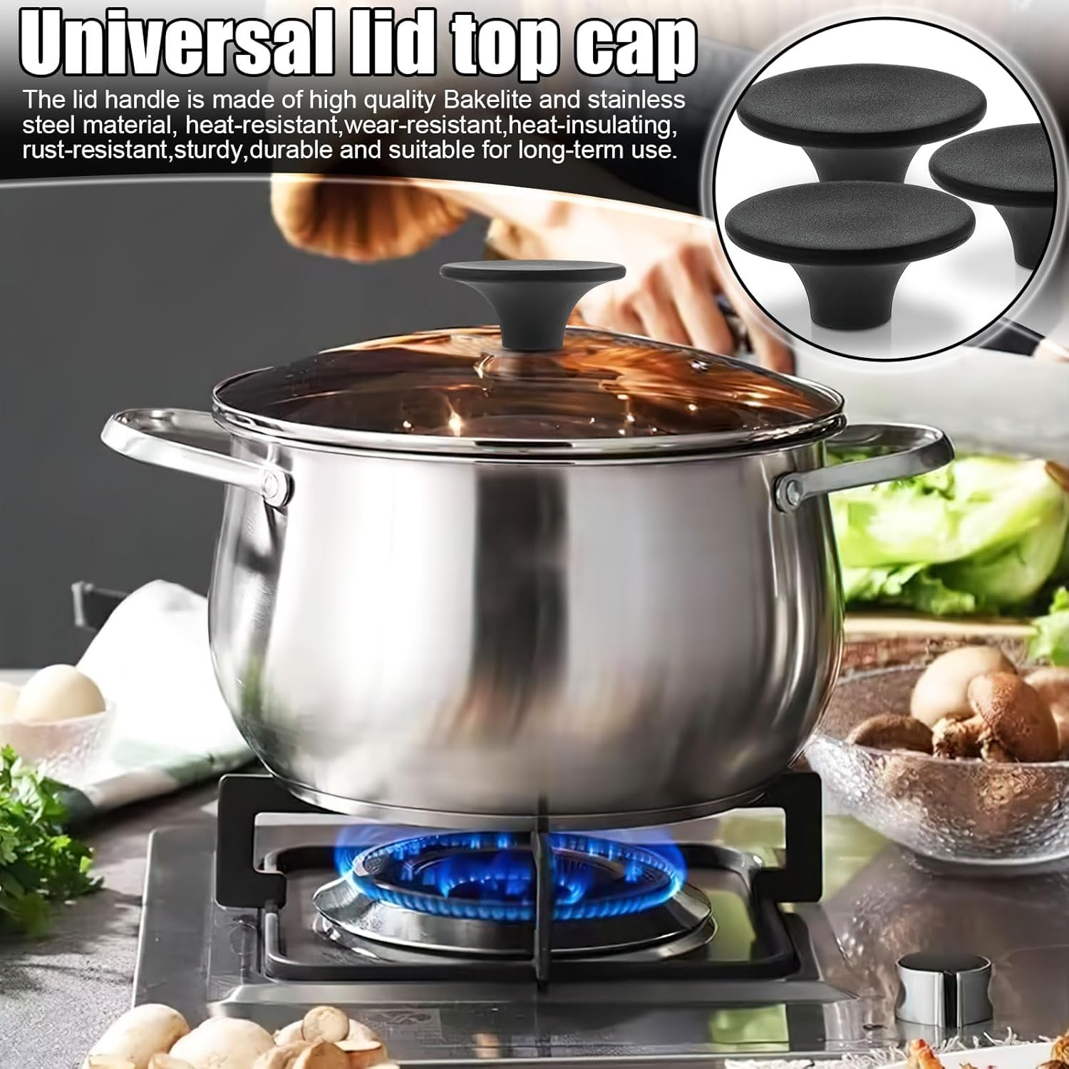 Universal Pot Lid Knobs, 6 Pcs Pot Lid Replacement Knob, Pot Lid Knobs for Frying Pan, Slow Cookers, Skillets and Non-Stick (Black) image number 4