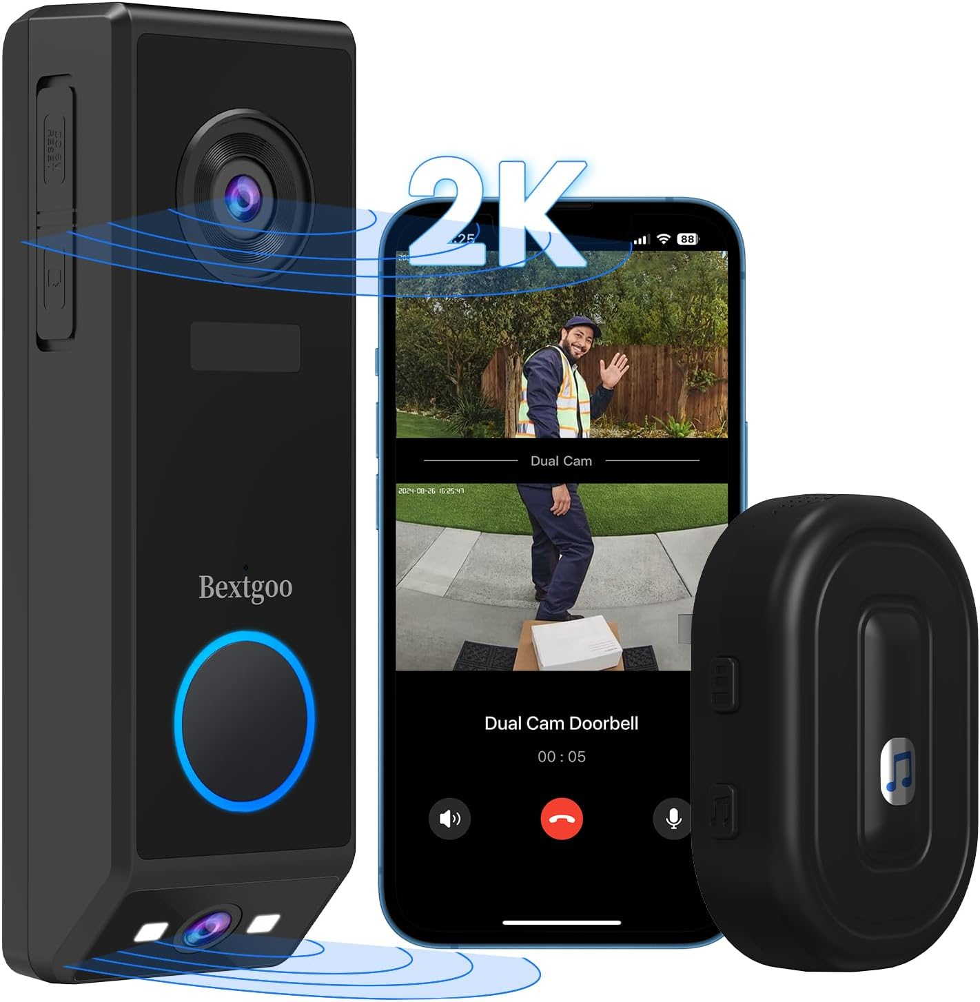 Dual-Lens Doorbell Camera Wireless, Bextgoo 2K Video Doorbell with 10000Mah Battery, Dual Security Cameras for AI Motion Detection Alerts, 170&deg; Wide View, Cable or Battery Operated, Night Vision, IP67 image number 2