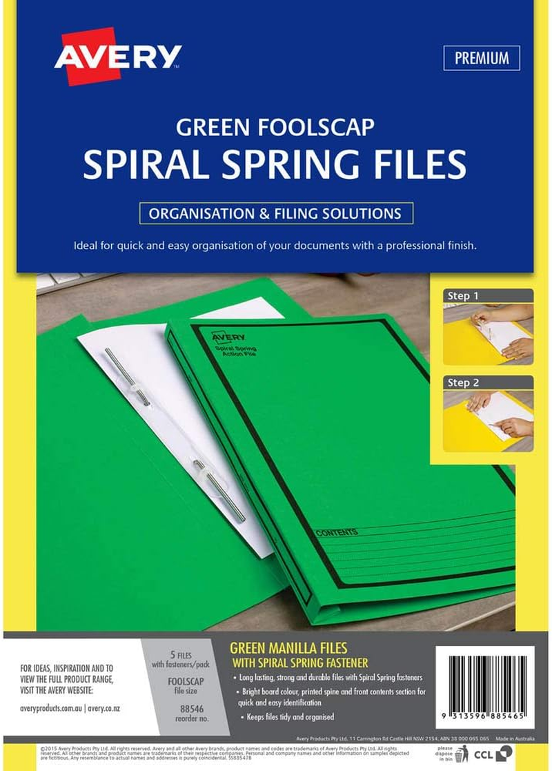 AVERY Spiral Spring Action File Foolscap Green Pack 5