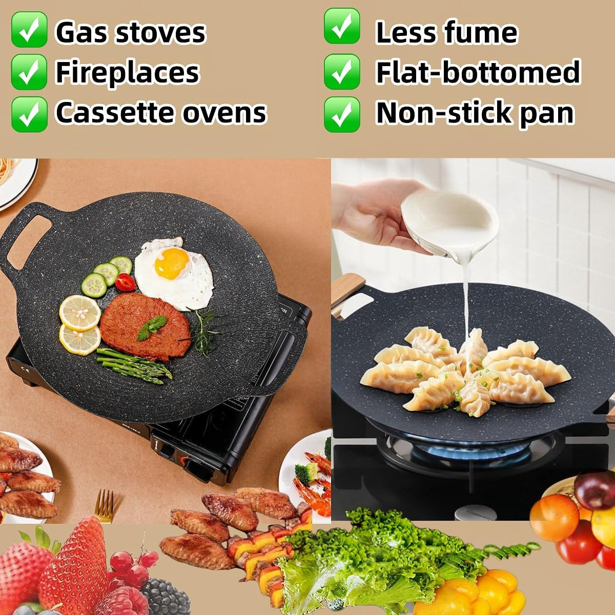 Korean BBQ Grill Pan Set, Cast Iron Grill, Portable Non Stick Smokeless BBQ Cast Iron Griddle/Pan, Barbecue Hot Plate Korean Grill Pan, with Handles & Bag for Indoor Outdoor Camping Grilling (30Cm) image number 2