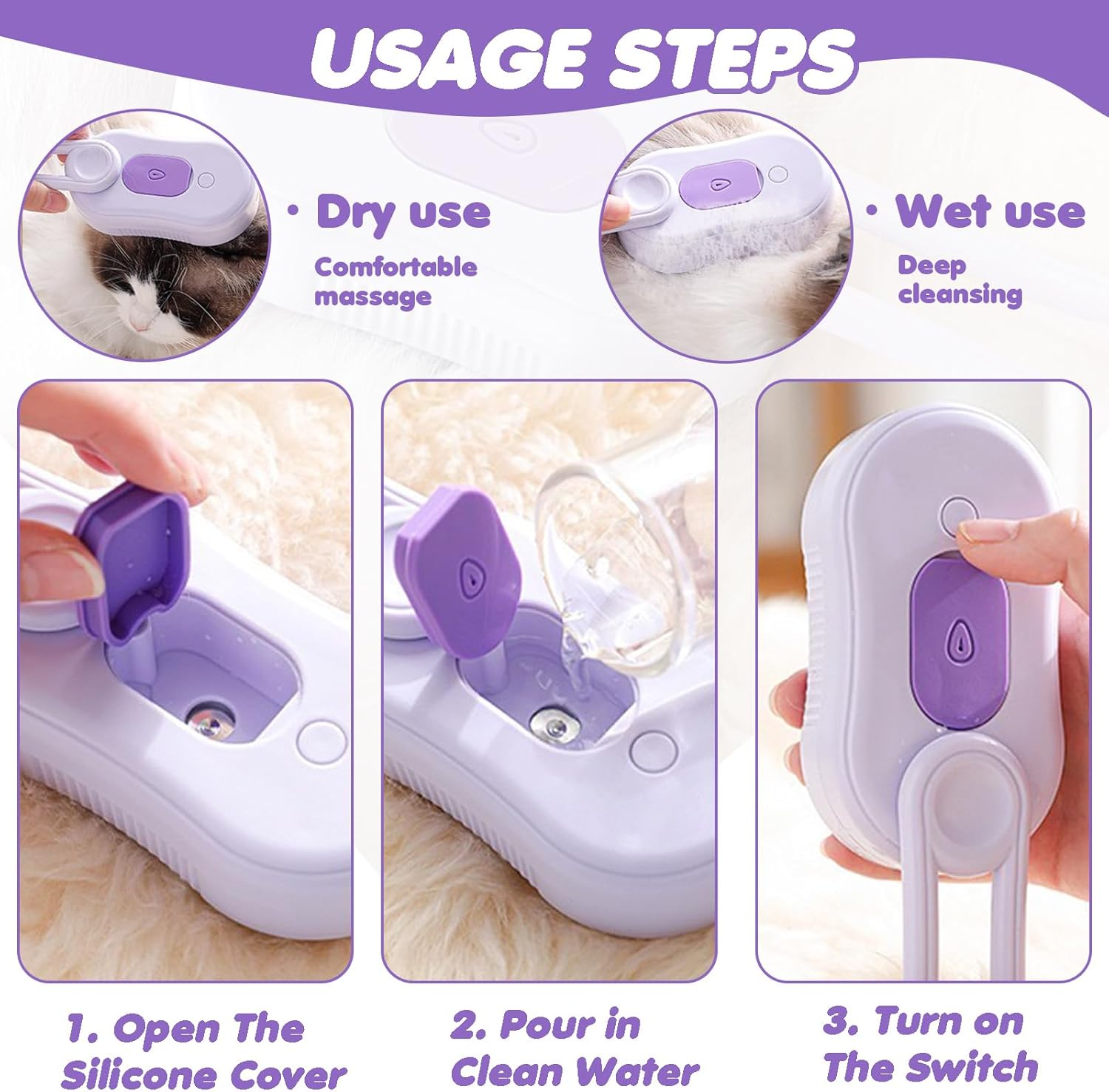 DONGTATA 3-In-1 Cat Steam Brush Cat Steamer Cat Brush Cat Spray Massage Comb Cat Massage Brush Eliminate Flying Hair for Cat and Dog Pet Brush image number 5