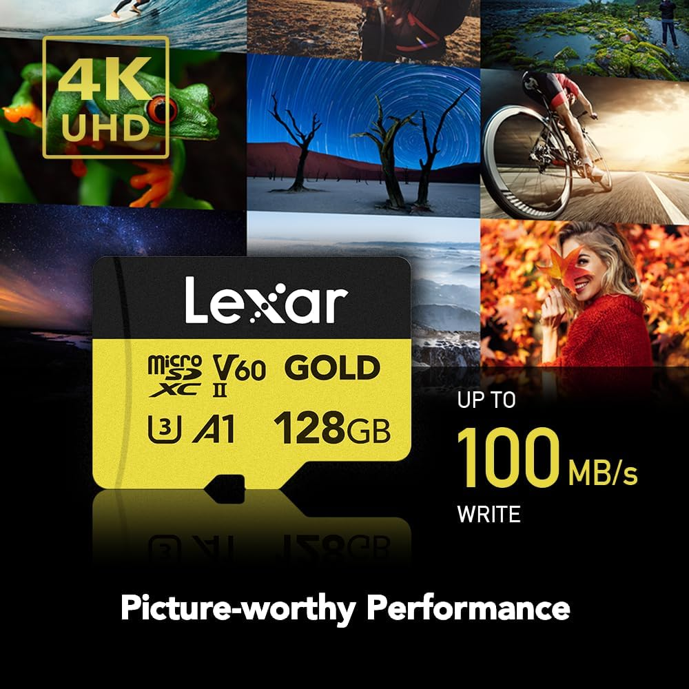 Lexar 128GB Professional Gold Micro SD Card, UHS-II, C10, U3, V60, A1, Full HD, 4K, up to 280/100 Mb/S Microsdxc Memory Card, for Drones, Action Cameras, Portable Gaming Devices (LMSGOLD128G-BNNNG) image number 4