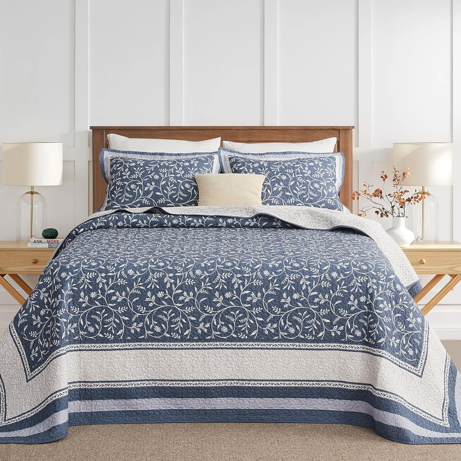 Quiltease Oversized King Bedspread - 120" Lx128 W Extra Wide - 100% Cotton Lightweight Vine Botanical California Quilt Sets - Reversible Super Bed Coverlet Set - Grayish-Blue/Light Gray image number 3