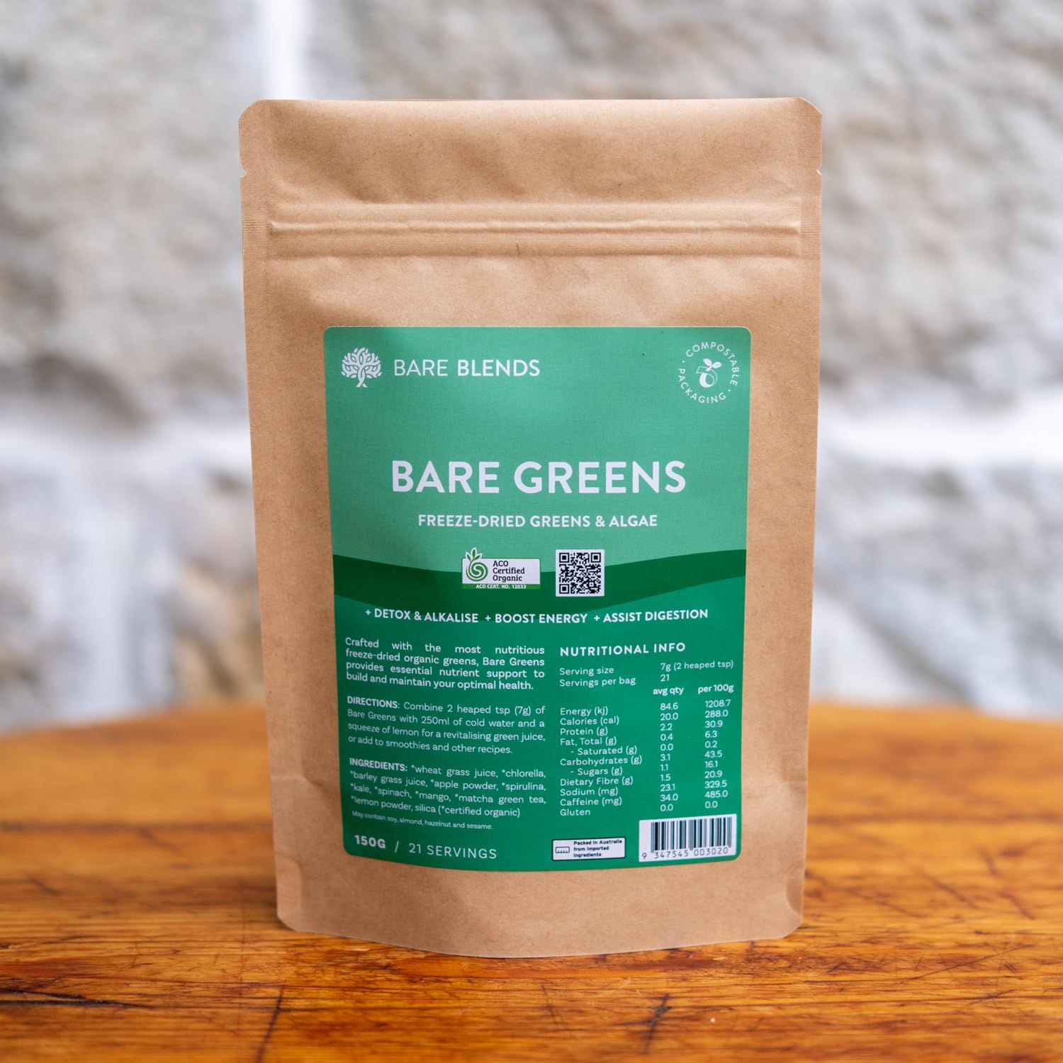 Bare Blends - Bare Greens, Organic Greens Powder | ACO Certified | Gluten Free | Non-Gmo | Sugar Free (150G)