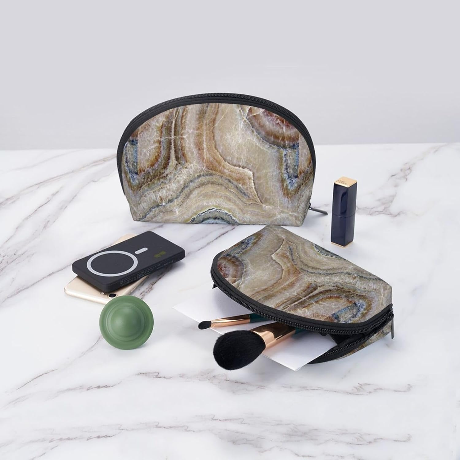 Cozimangoe Coin Pouch Makeup Bags Set, 2 Piece Shell Shape Cosmetic Bag with Pockets for Daily Travel Handbag Lipstick Keys Toiletry, Personalized Onyx Stone Pale Blue Print