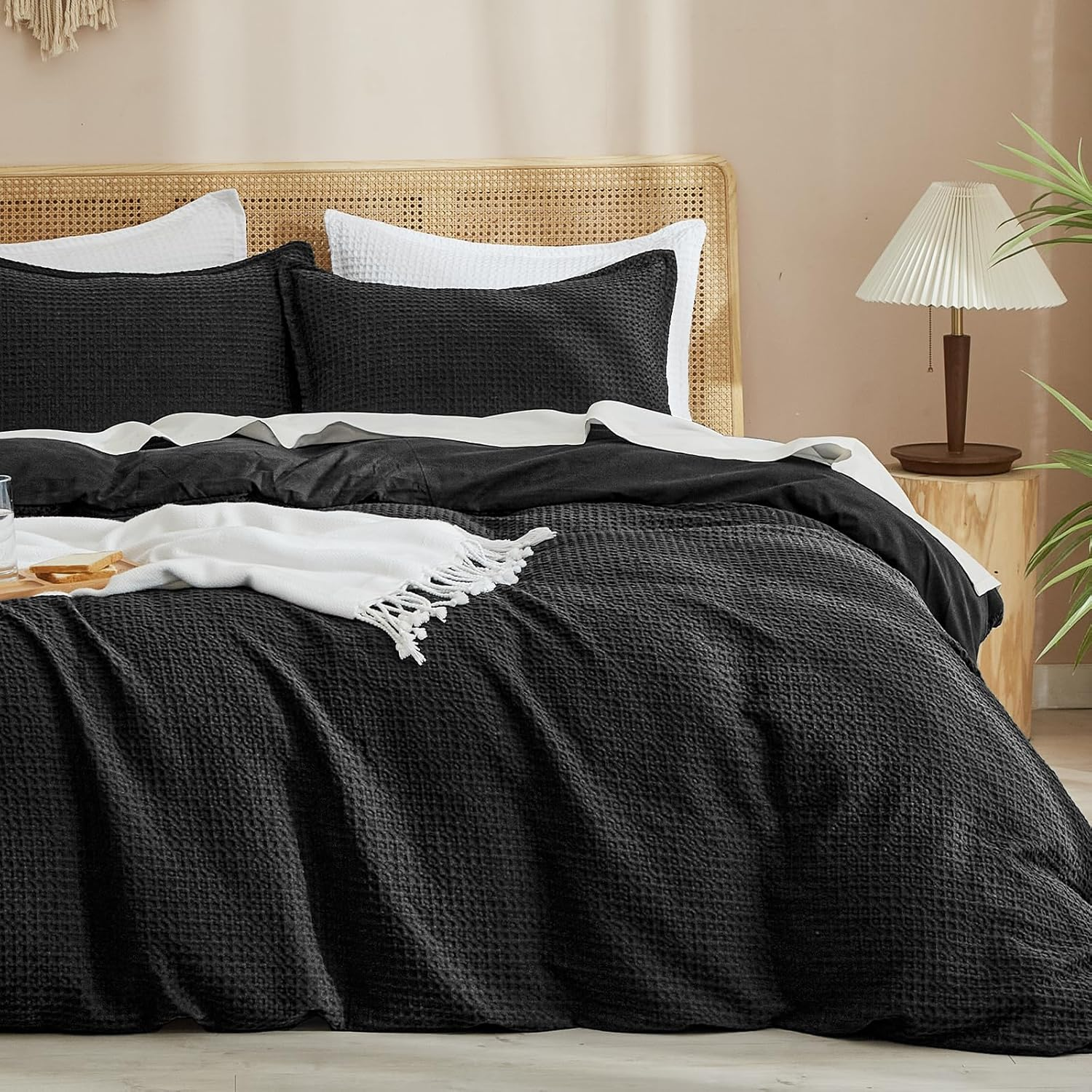PHF Waffle Weave Duvet Cover Set King Size, No Snagging Ultra Soft Luxury Textured Breathable Comforter Cover for All Season 3Pcs, Durable Bedding Duvet Set with 2 Pillow Shams, 104"X90", Linen