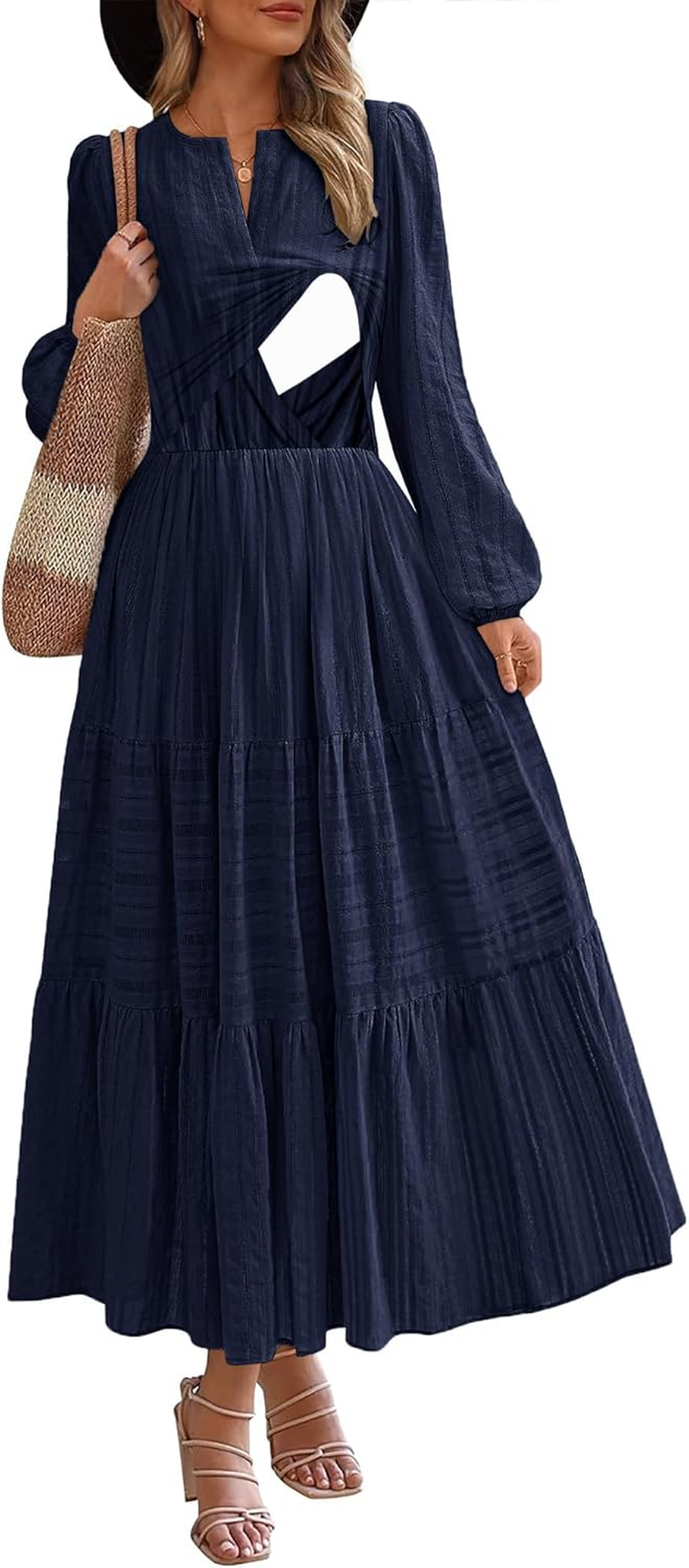 Nursing Fall Dresses for Women Puff Long Sleeve V Neck Tiered Wedding Guest Maxi Dress with Pockets