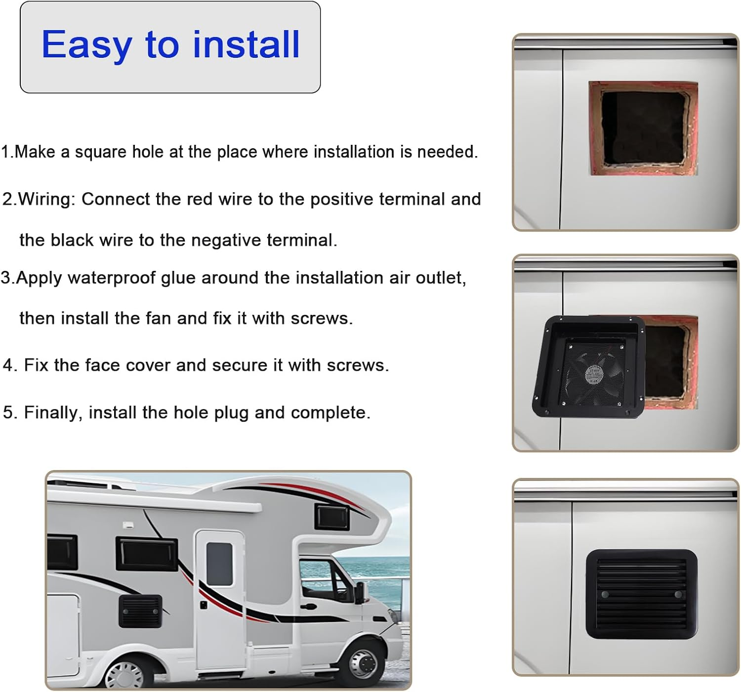 RV Exhaust Fan, 12V RV Side Vent,With Grille for Enclosed Trailer Side Vents, Air Ventilation Fan for Caravan, Motorhome, Camper, Black - Black image number 5