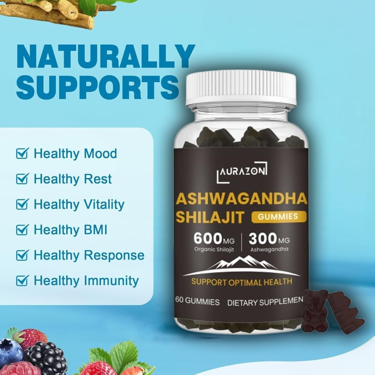 Aurazon Pure Himalayan Shilajit Ashwagandha High Strength Gummies Relax,Restore & Mixed Vegan, Plant Based, Non-Gmo, Gluten-Free & Gelatin,One Month Supply for Both Men and Women image number 3